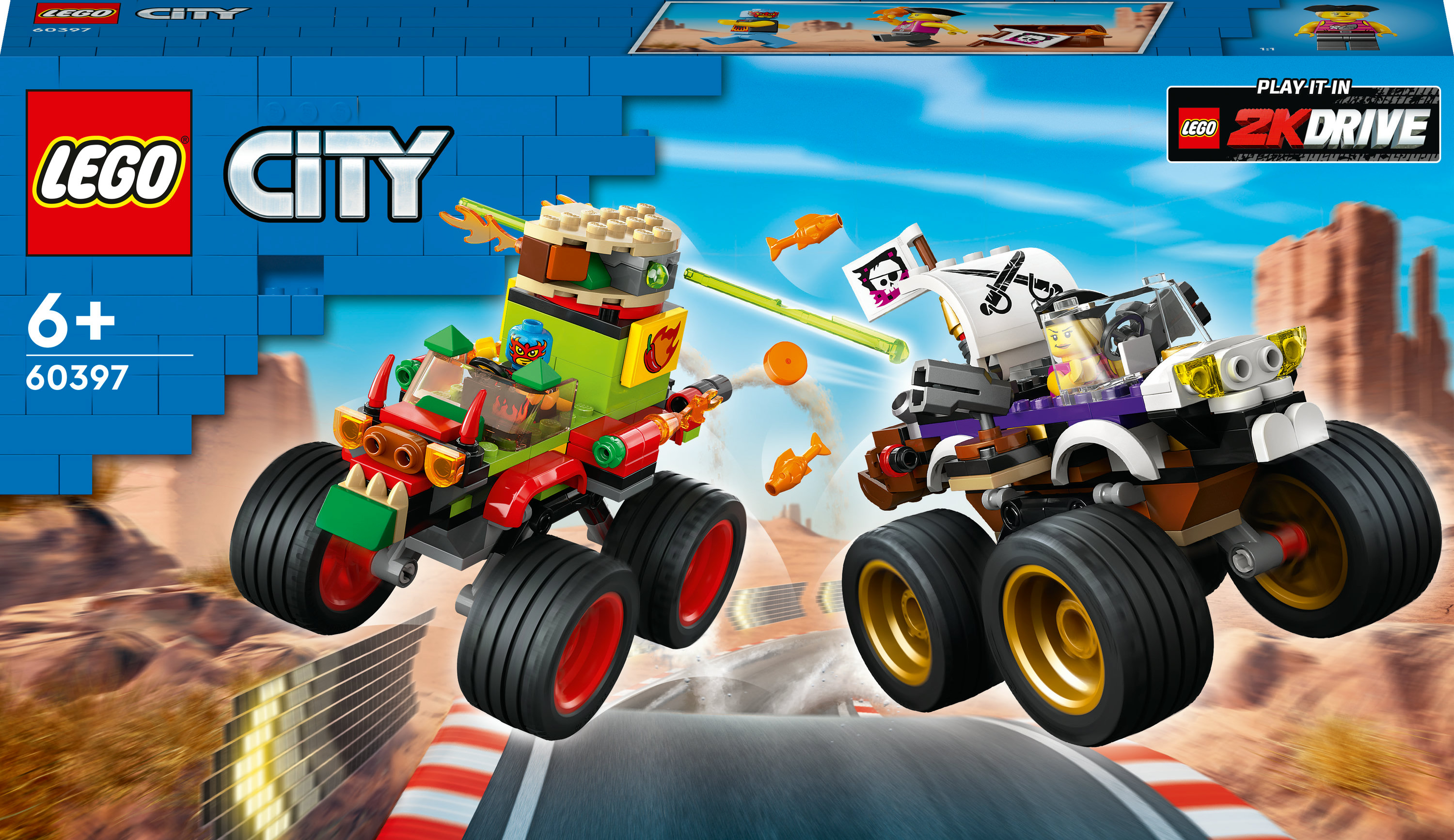 Boîte du set Lego City. Deux monster trucks font la course sur une piste. La boîte présente les logos Lego City et 2K Drive.