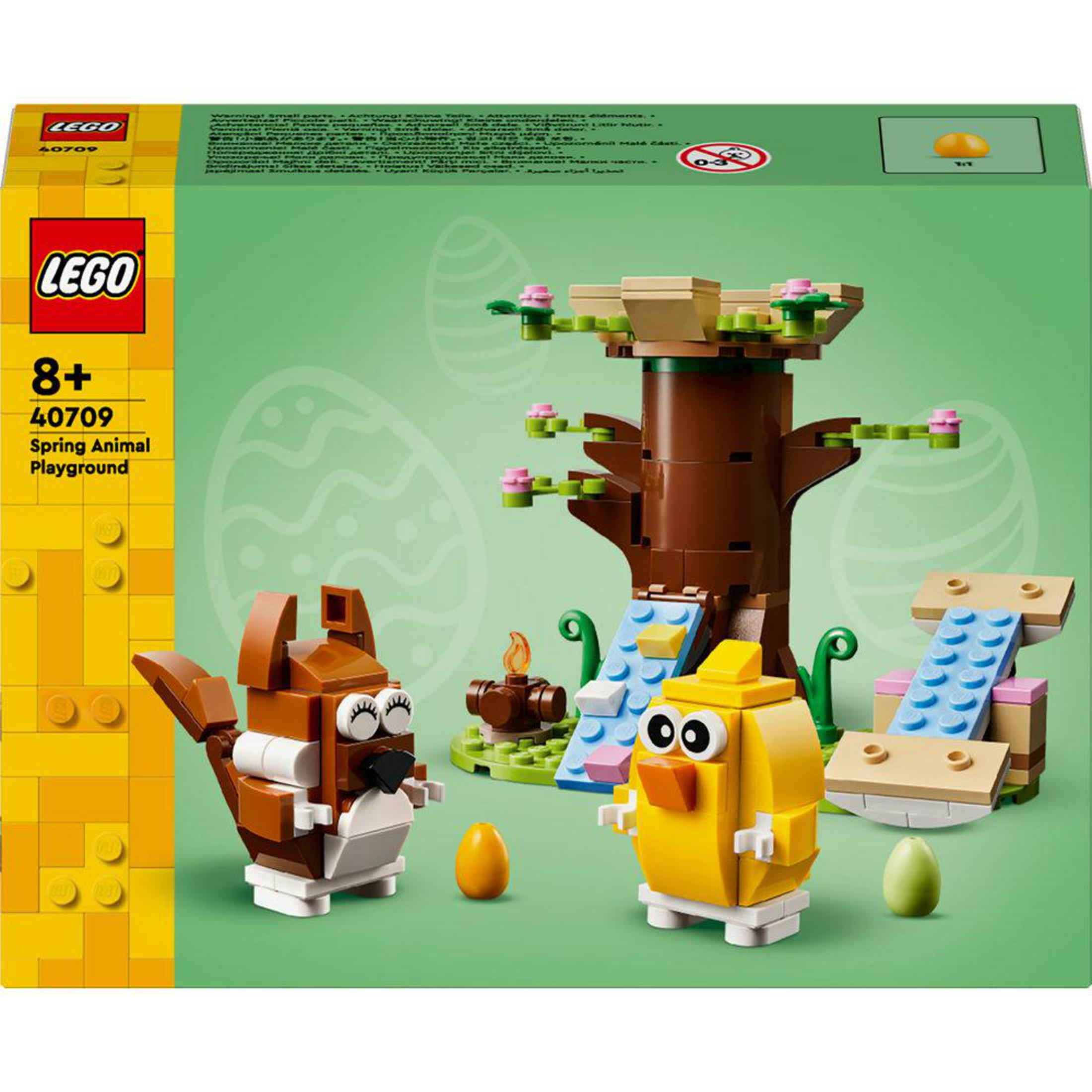 LEGO Spring Animal Playground seti. Yeşil zemin üzerinde sincap, civciv, ağaç, rampalar ve yumurtalar içerir.