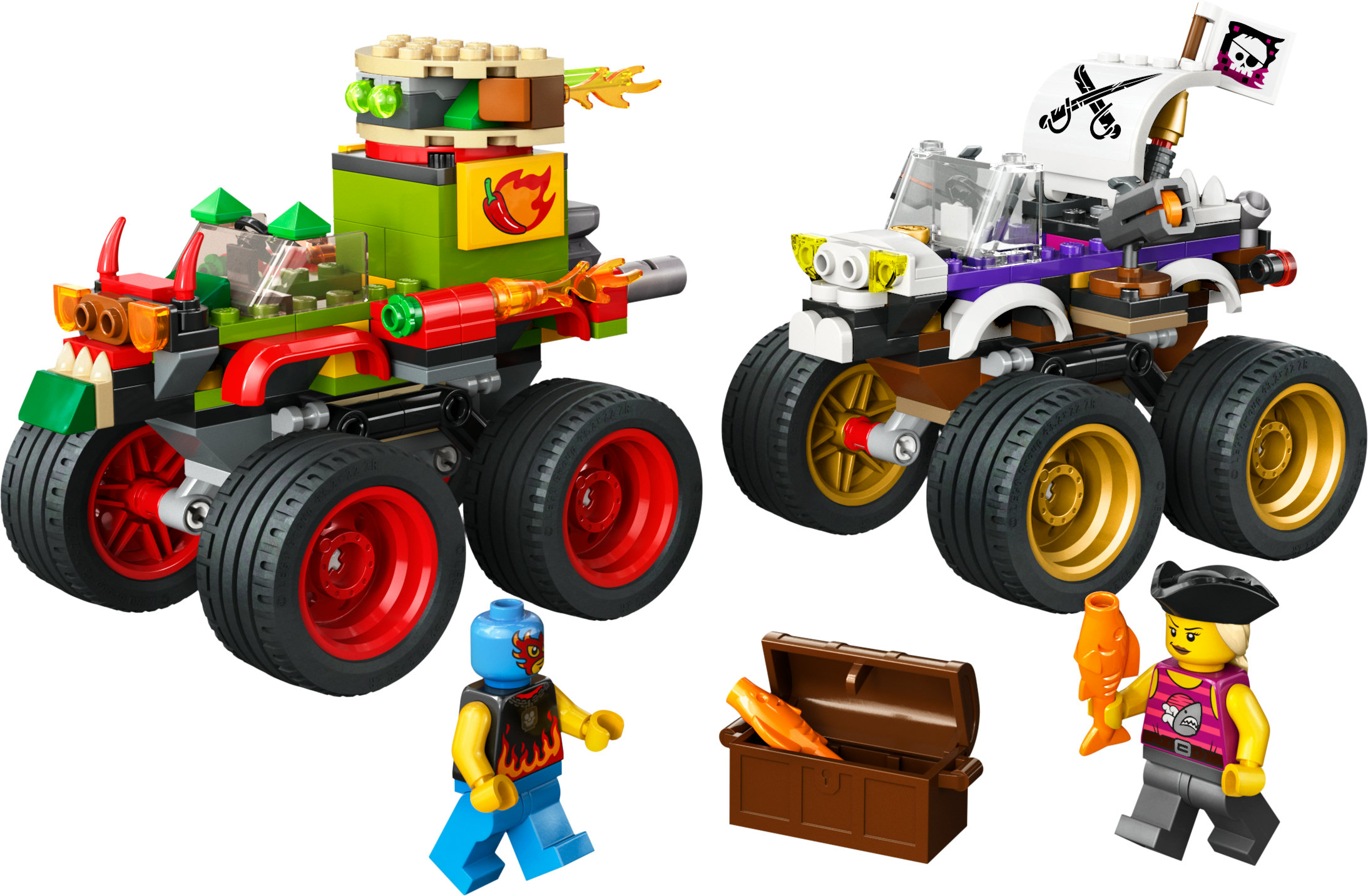 Deux monster trucks Lego, un vert avec piment, l'autre sur le thème des pirates. Deux figurines et un coffre au trésor avec du poisson.