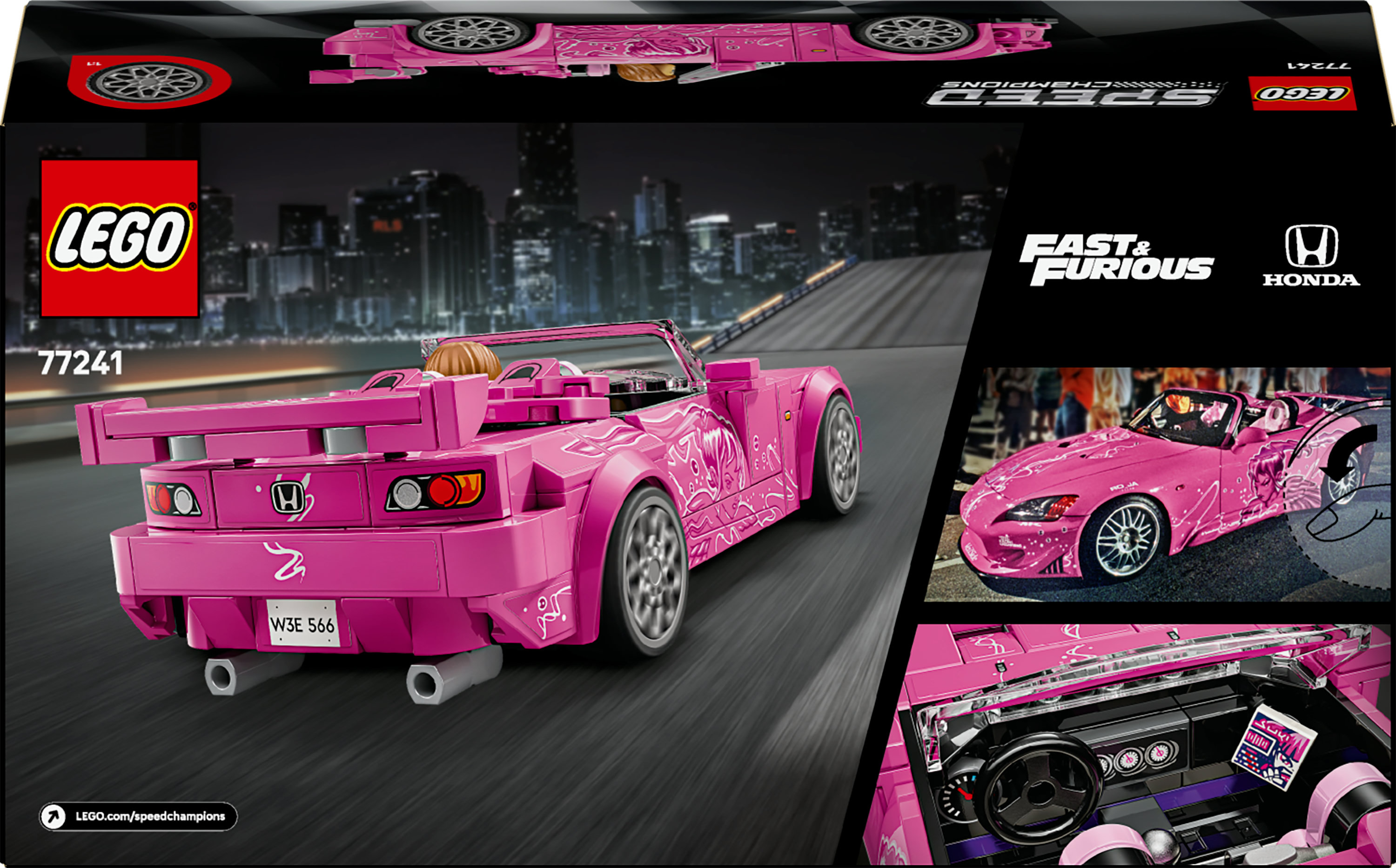 Różowy samochód Lego Honda S2000 z filmu Szybcy i Wściekli. Tło panoramy miasta. Zawiera logo Lego, Szybcy i Wściekli oraz Honda.