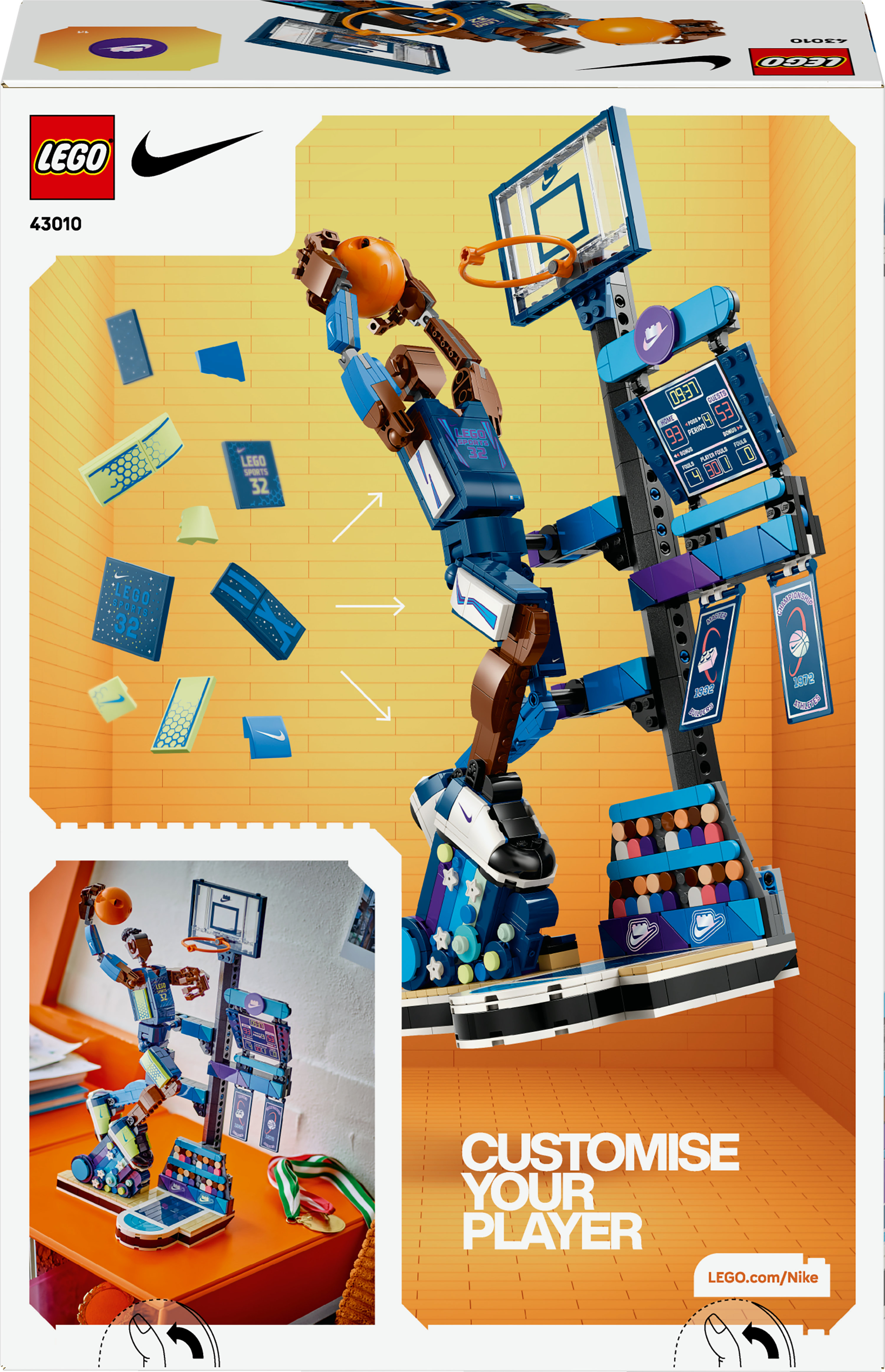 Giocatore di basket Lego Nike con accessori. Lo sfondo è arancione con un motivo a mattoni.