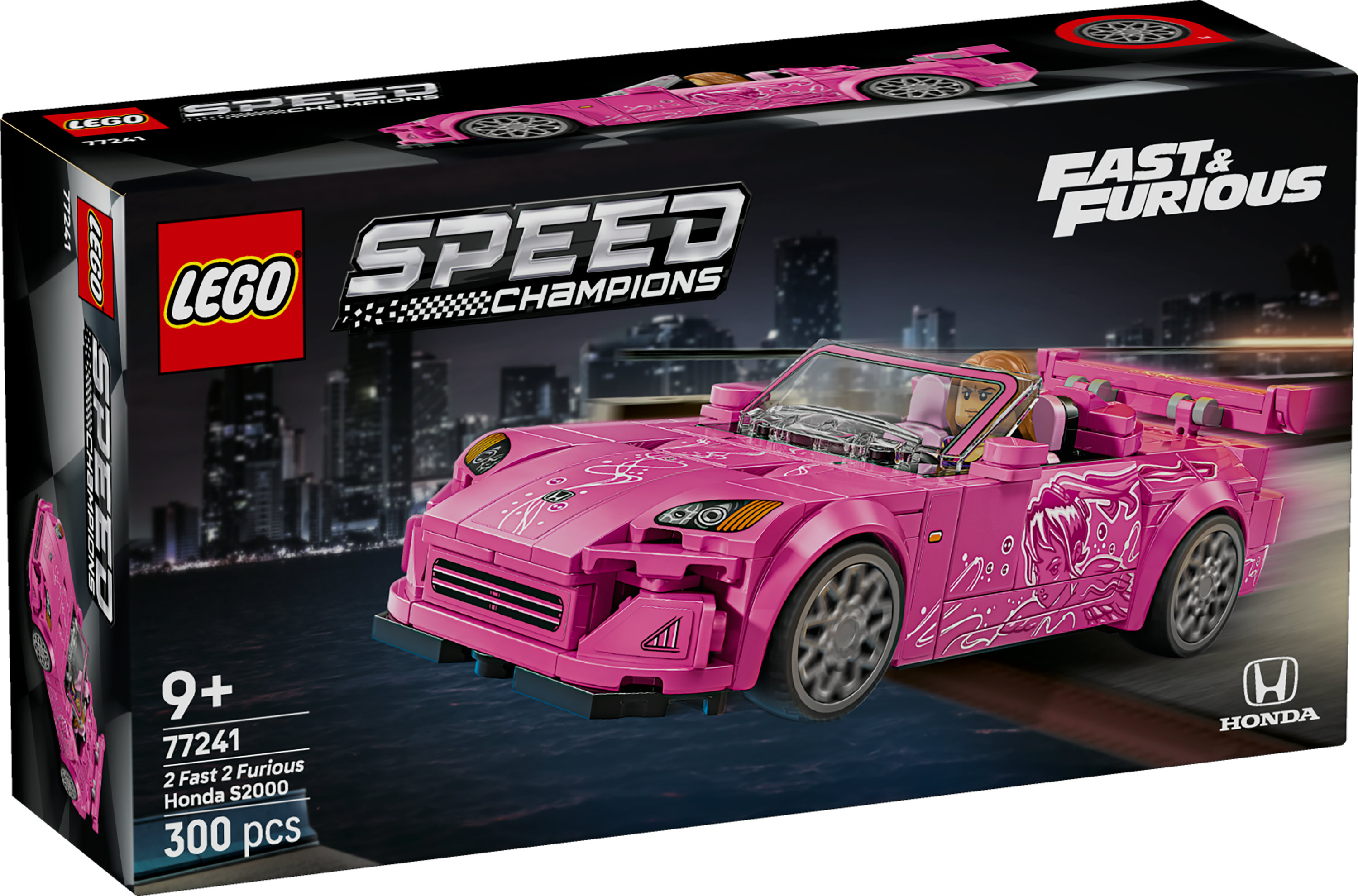 Pudełko zestawu Lego. Różowy model samochodu Fast & Furious Honda S2000. Tło panoramy miasta. Widoczne logo Lego i Honda.
