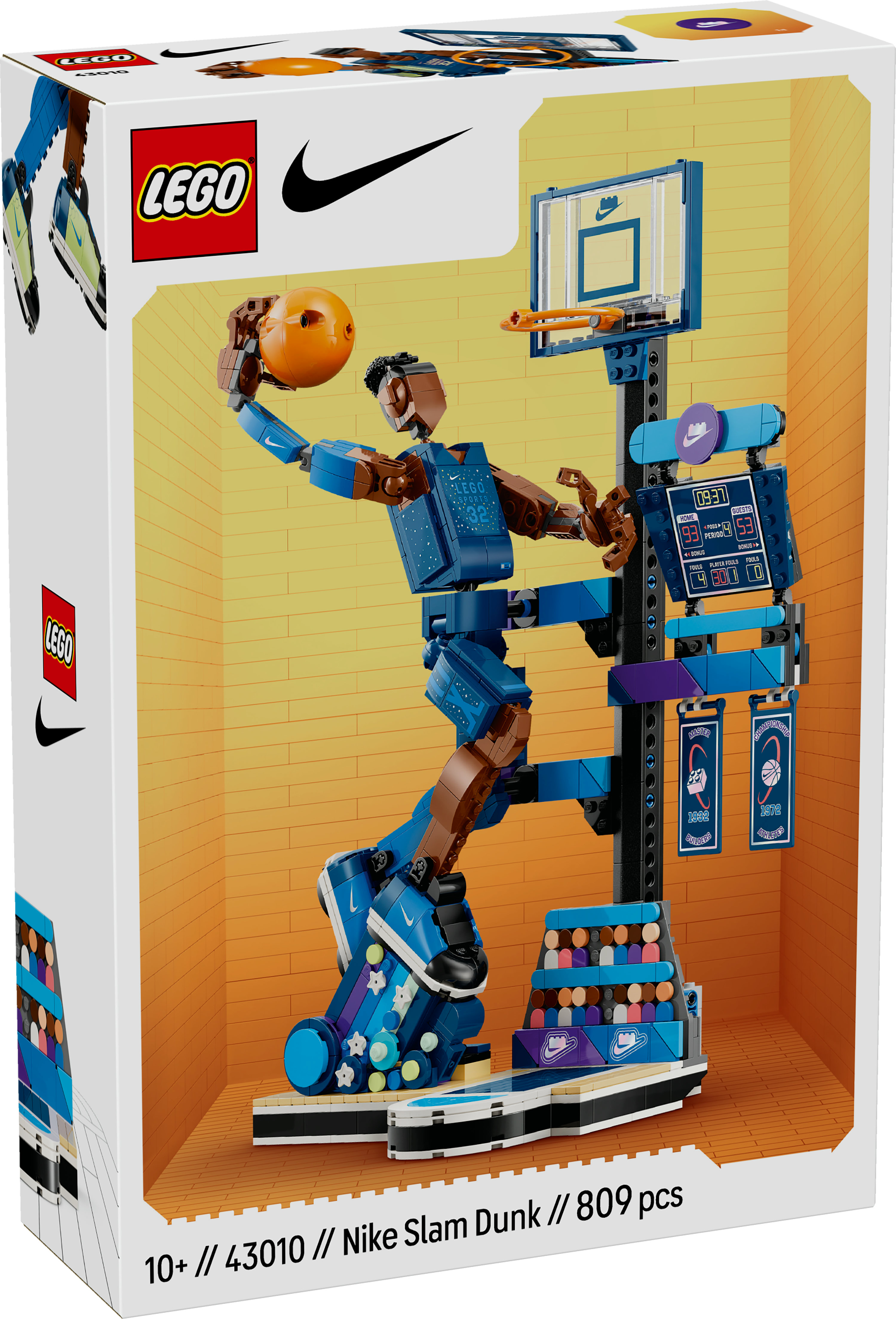 Set Lego Nike basket. Una figura Lego sta per schiacciare. Lo sfondo è arancione.