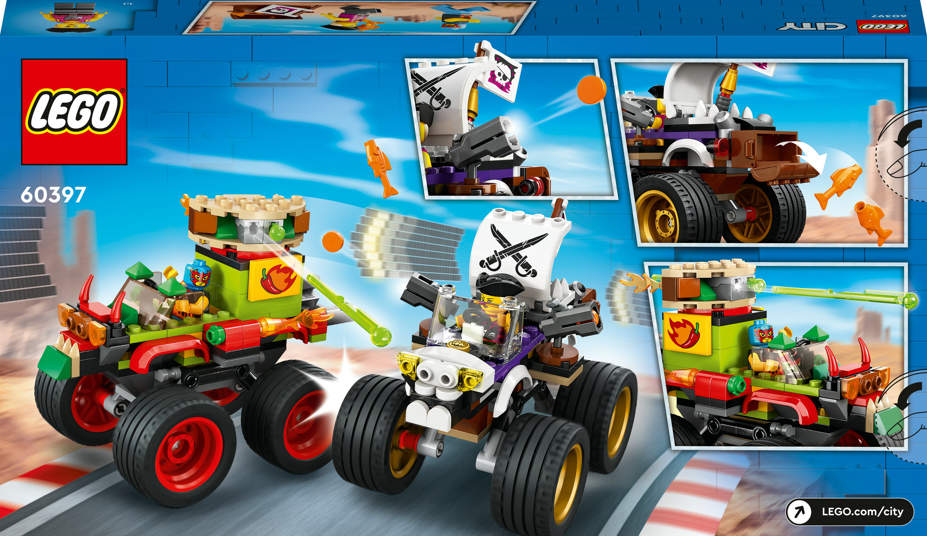 Illustration de la boîte LEGO City. Deux monster trucks sur une piste. Un vert et rouge, l'autre marron et blanc, tous deux avec de gros pneus.