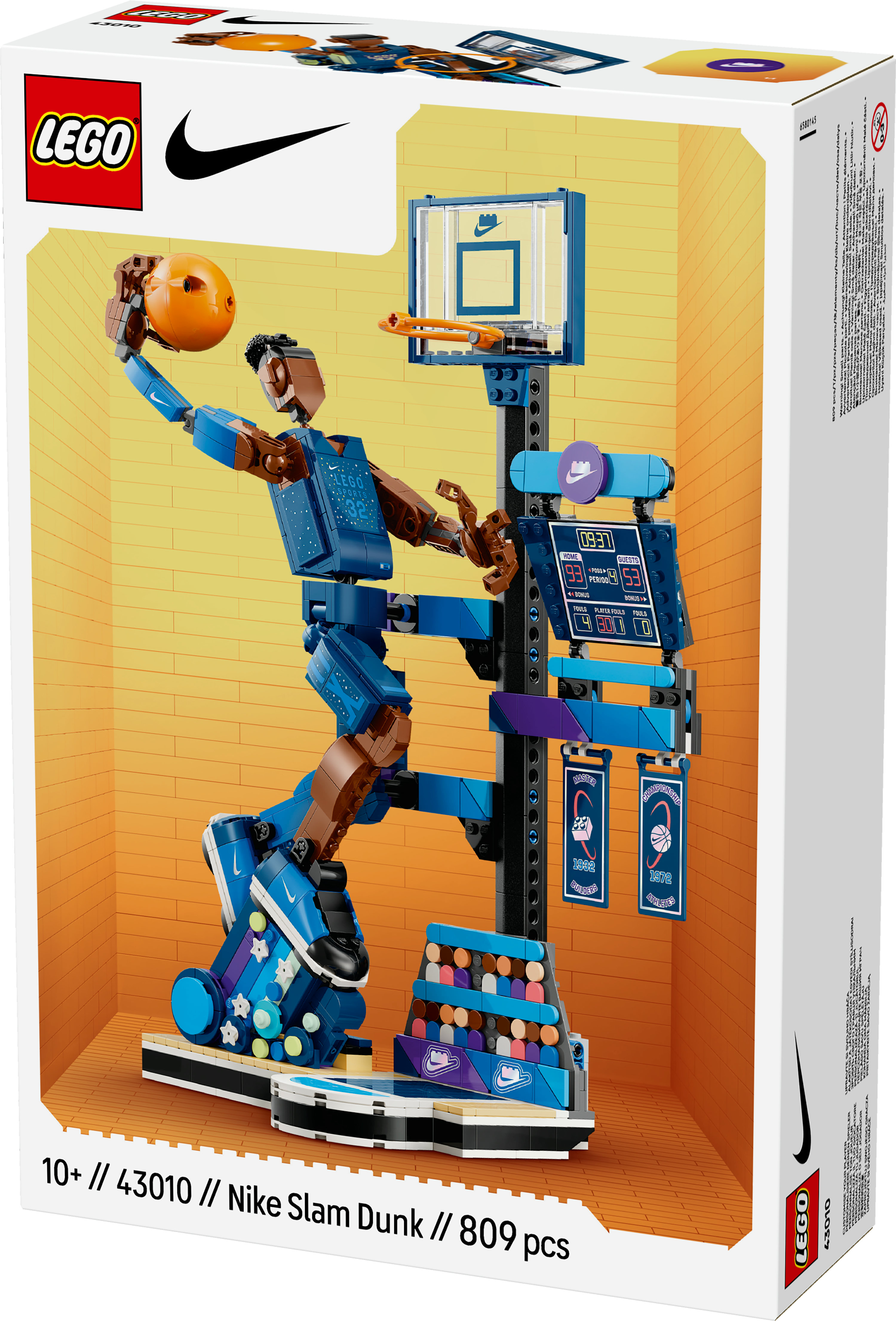 Set LEGO Nike Slam Dunk. Giocatore di basket in azione. Blu e marrone con sfondo arancione.