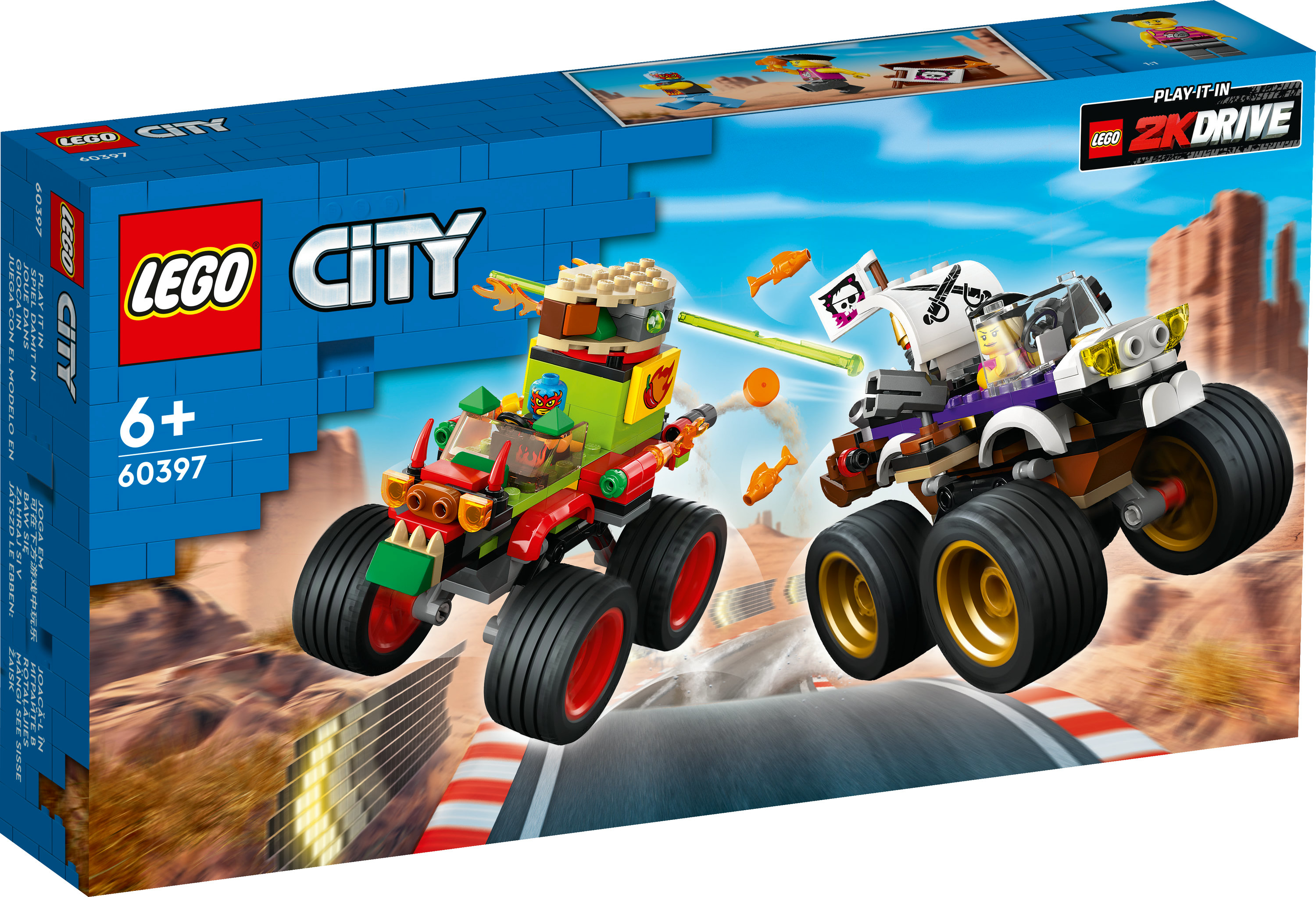 Coffret Lego City. Deux monster trucks en course. Un vert, un blanc. Des poissons oranges et un ciel bleu sont visibles.