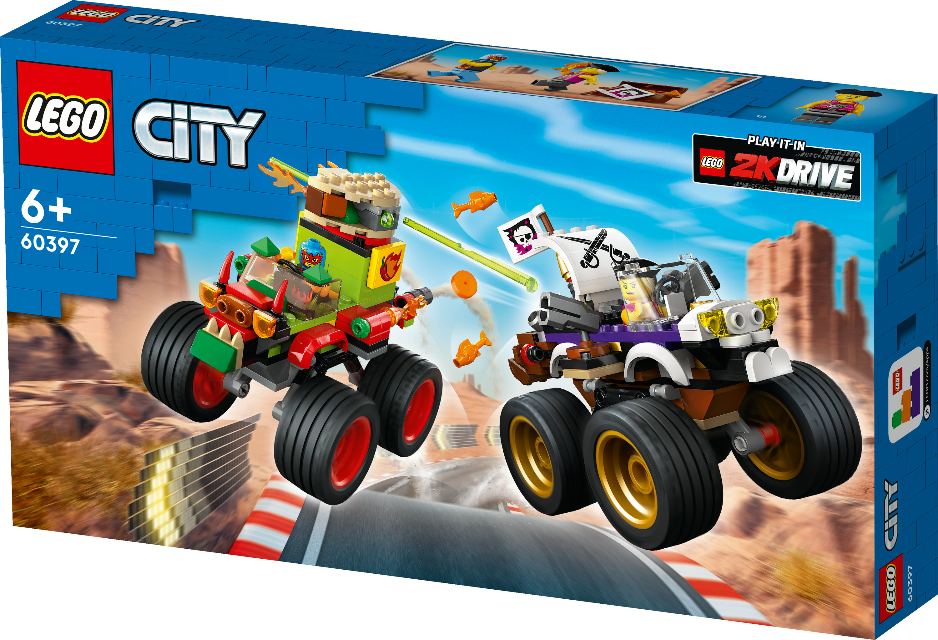 Illustration de la boîte Lego City. Deux monster trucks en course, un vert et rouge, l'autre marron et blanc, avec un arrière-plan désertique.