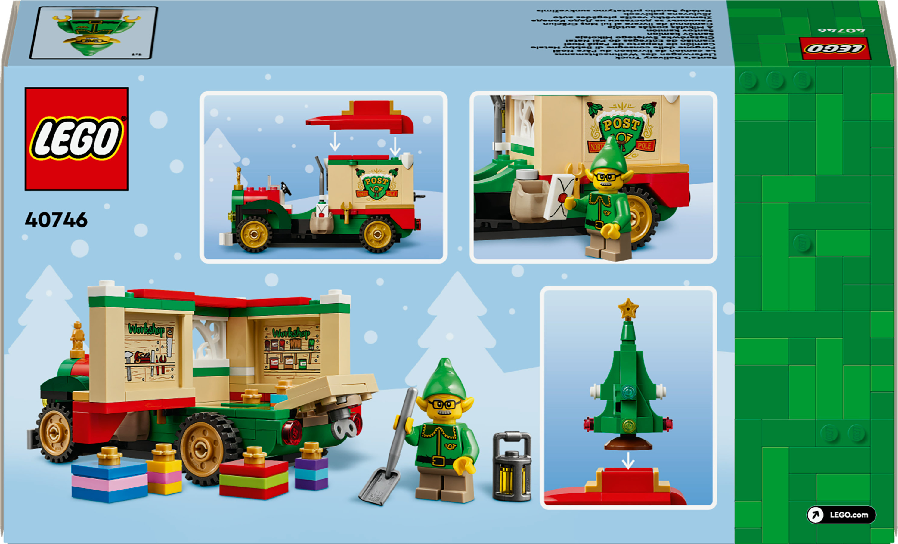 Pudełko zestawu LEGO 40746 przedstawiające świąteczną scenę z ciężarówką Świętego Mikołaja, elfami i choinką.