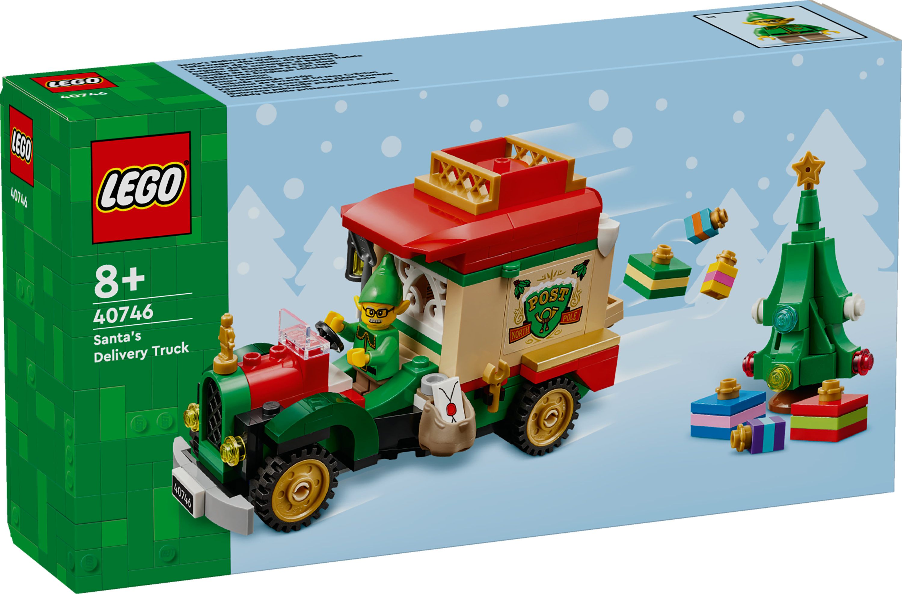 Pudełko zestawu Lego z ciężarówką Świętego Mikołaja. Elf za kierownicą, prezenty i choinka na jasnoniebieskim tle.