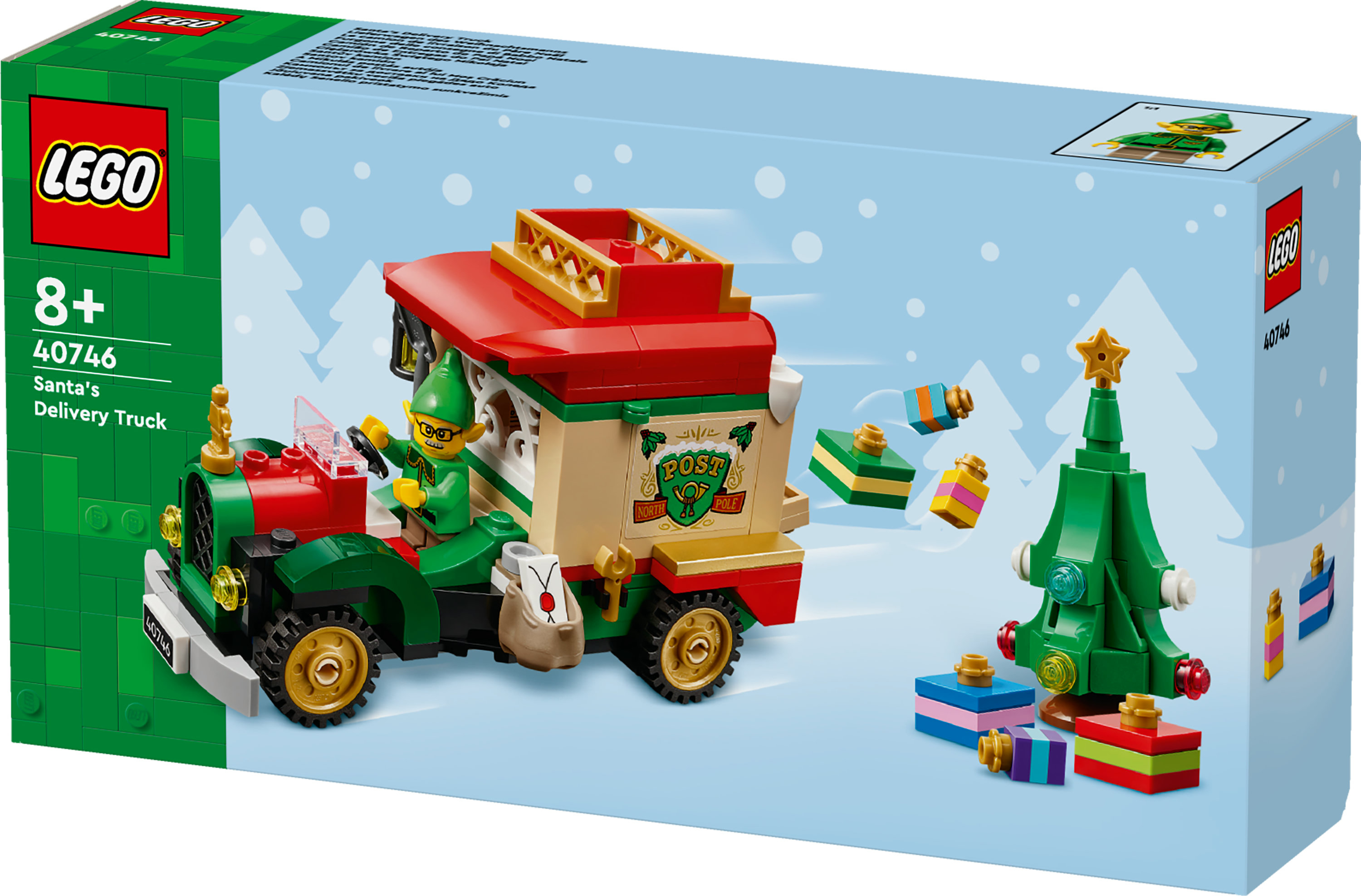 Pudełko zestawu LEGO przedstawia ciężarówkę Świętego Mikołaja z elfem za kierownicą. Obecne są również choinka i prezenty.