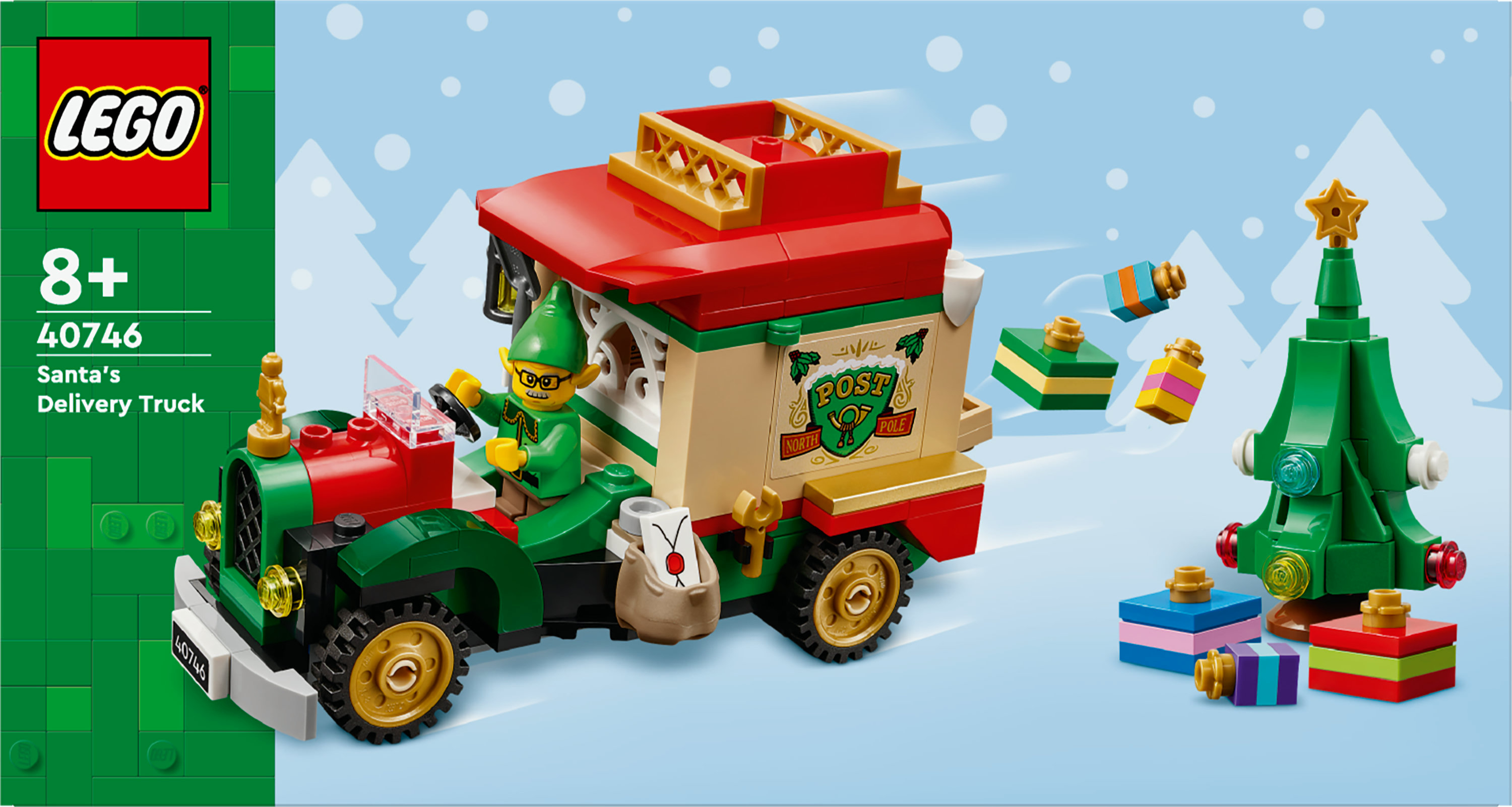 Zestaw Lego Santa's Delivery Truck. Zawiera czerwono-zieloną ciężarówkę, zielonego elfa, prezenty i zieloną choinkę.