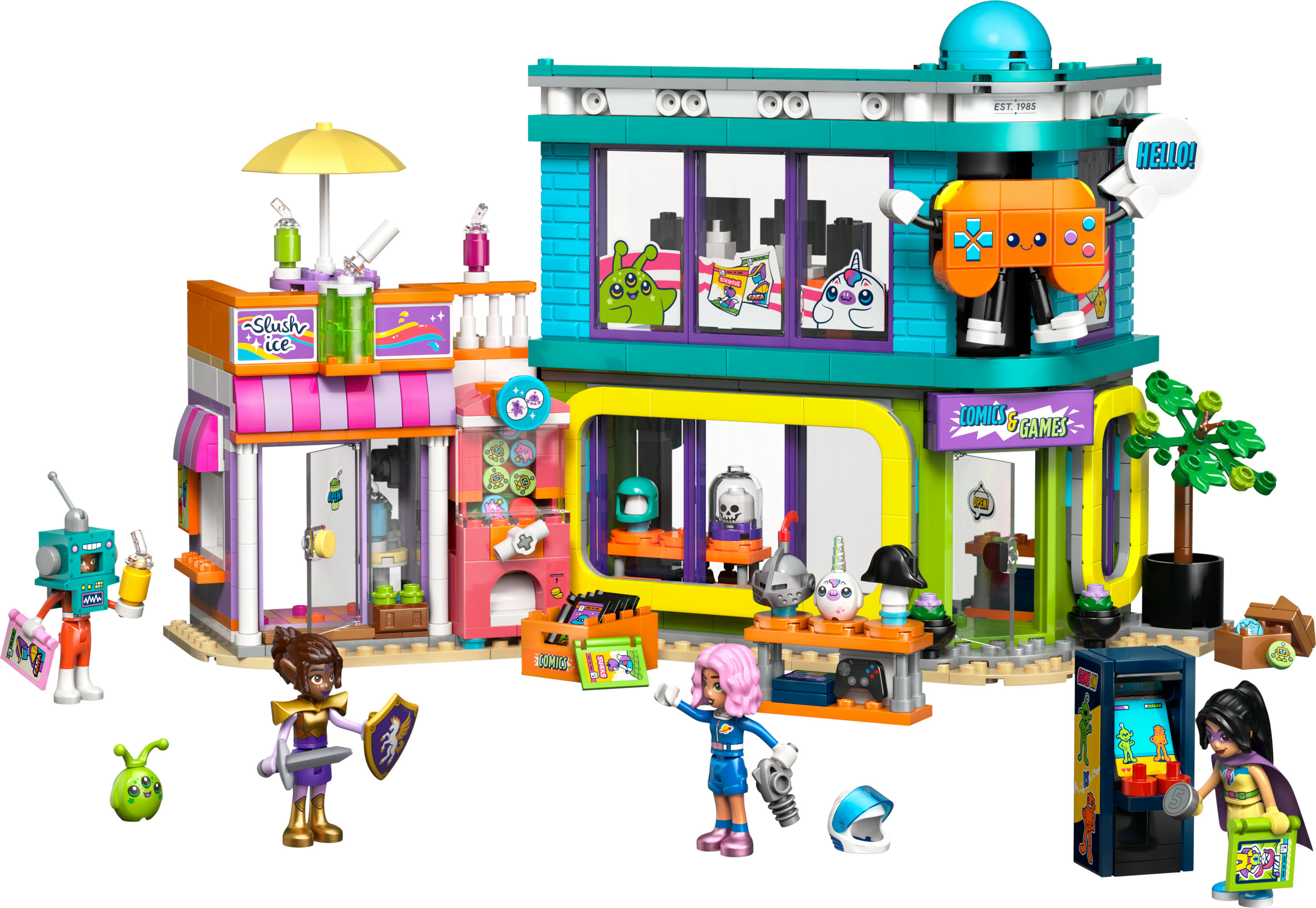 Set Lego con più personaggi ed edifici, tra cui un negozio di fumetti, una sala giochi e una bancarella di ghiaccio tritato.