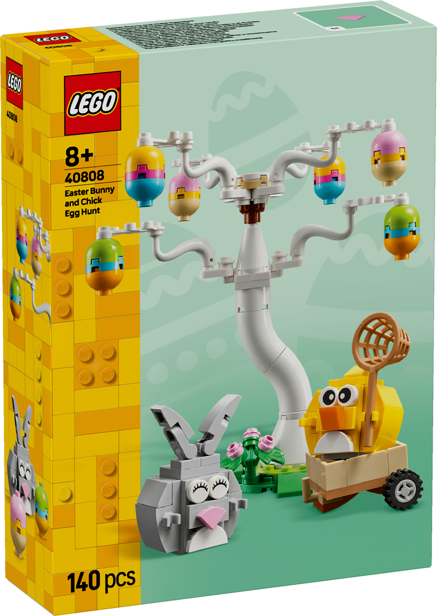 Set LEGO Caccia alle uova di Pasqua con coniglietto e pulcino. Albero con uova, coniglio, pulcino con retino e scatola gialla.