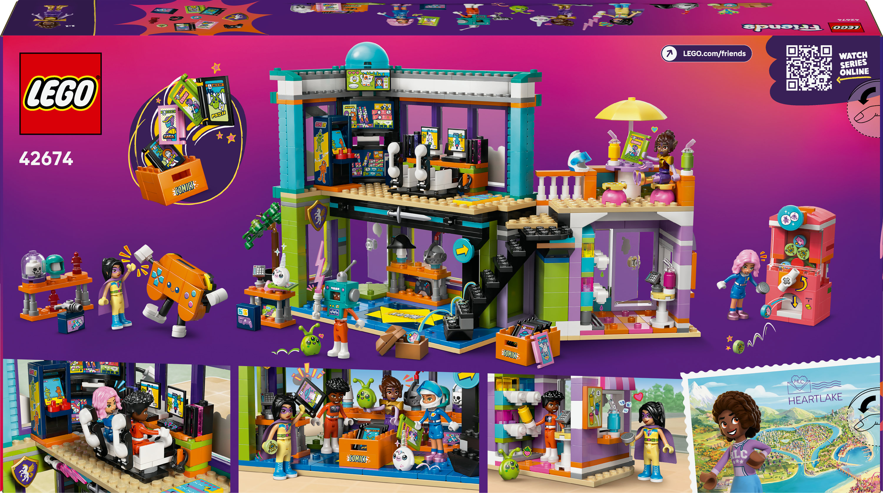 Scatola del set LEGO Friends. Mostra un edificio multilivello con personaggi, computer e accessori di gioco. È visibile una mappa di Heartlake.