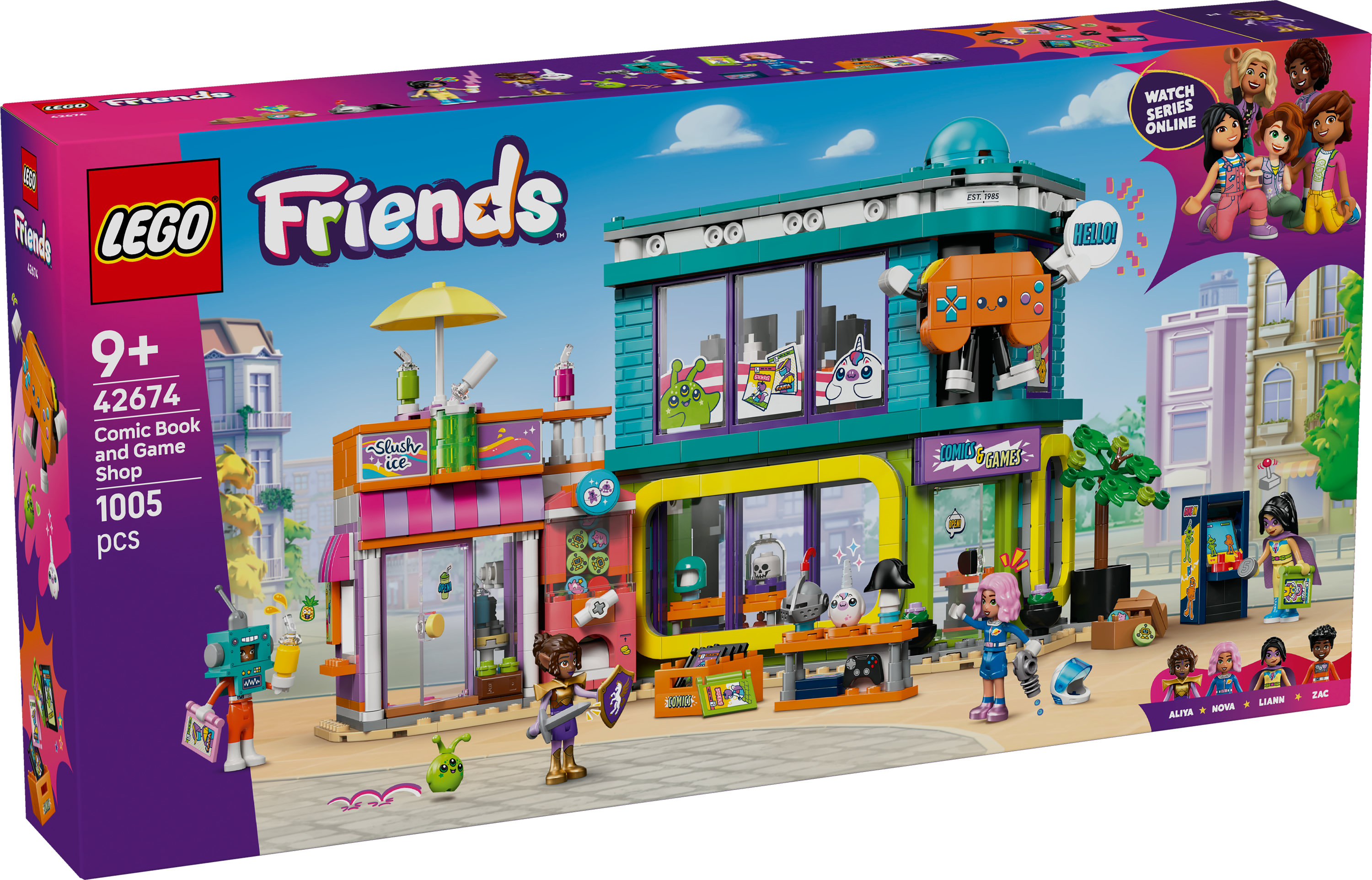 Scatola del set Lego Friends con design di fumetteria e negozio di giochi. Include minifigure e vari elementi colorati.