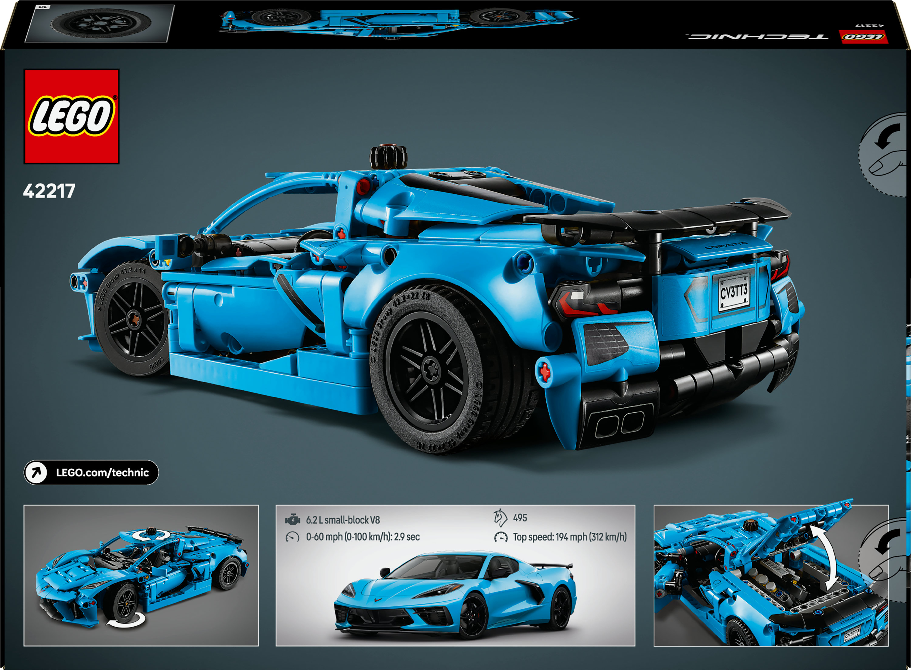 Model LEGO Technic Corvette, głównie niebieski, wyświetlany na ciemnym tle. Zawiera szczegóły mechaniki samochodu.
