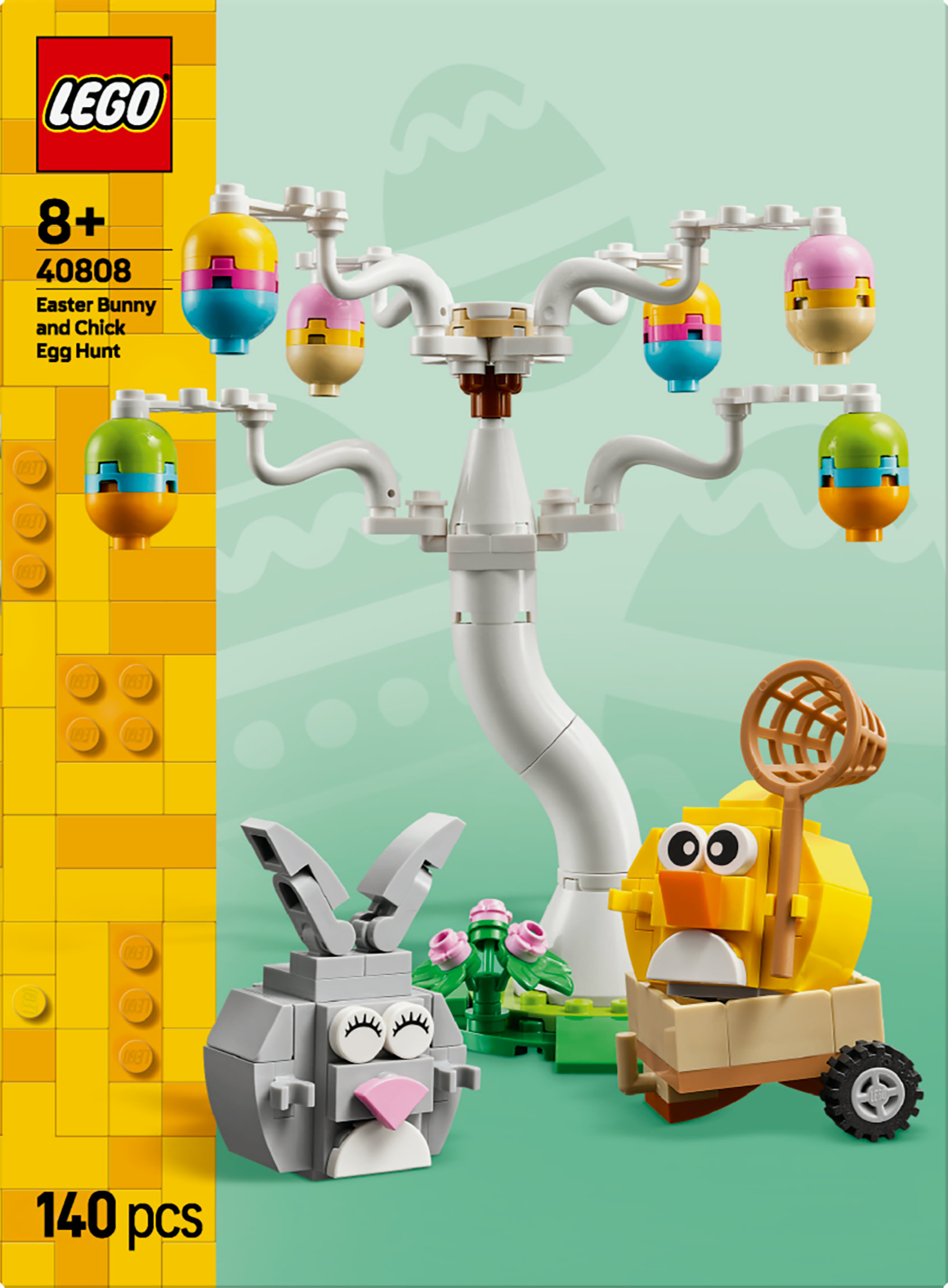 Set LEGO pasquale con coniglio, pulcino e albero di uova. Include uova colorate, un pulcino con un carrello e un coniglio.