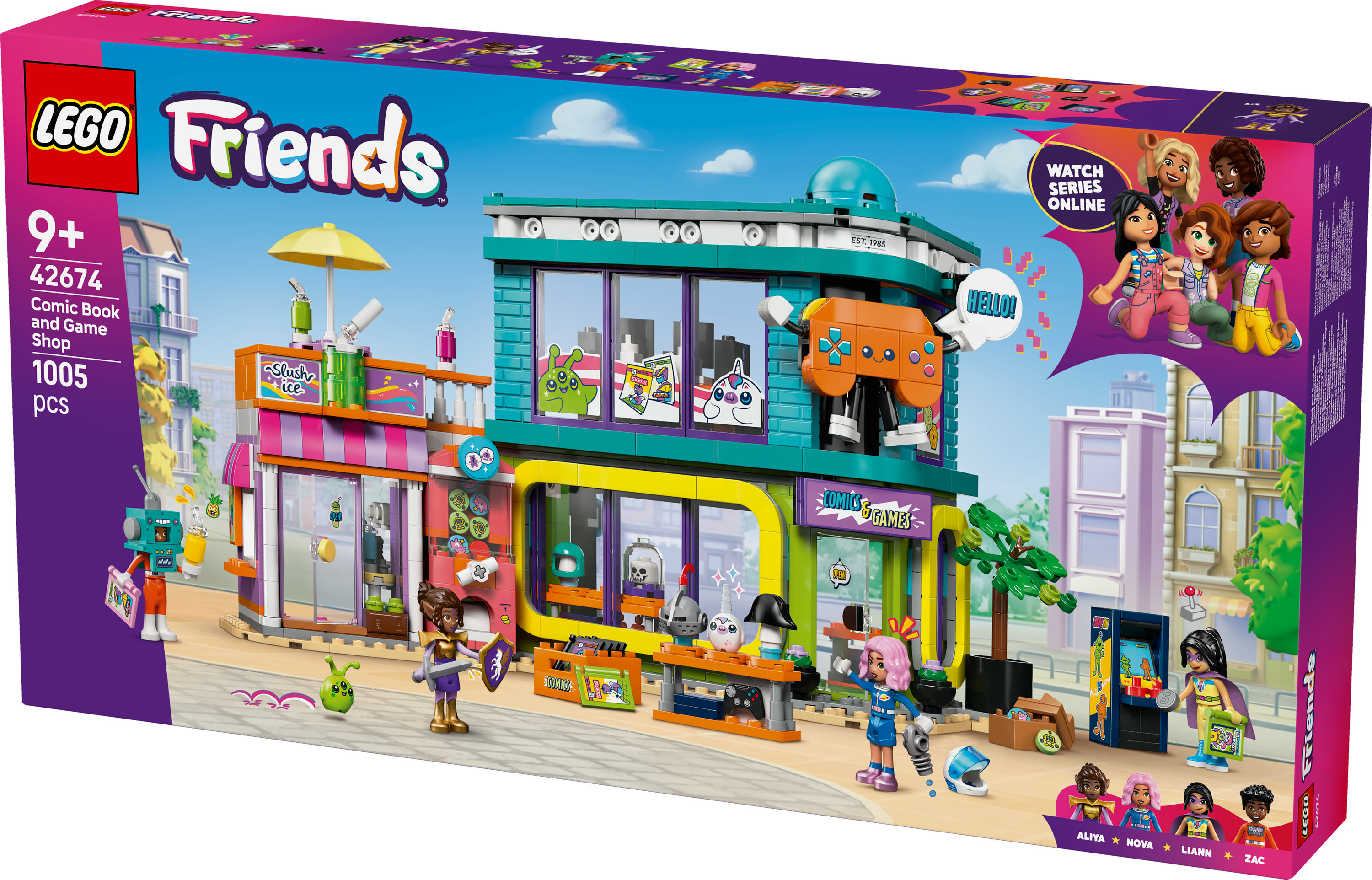 Un set Lego Friends. Mostra un negozio di fumetti e giochi, con vari personaggi e accessori. Il set è composto da 1005 pezzi.