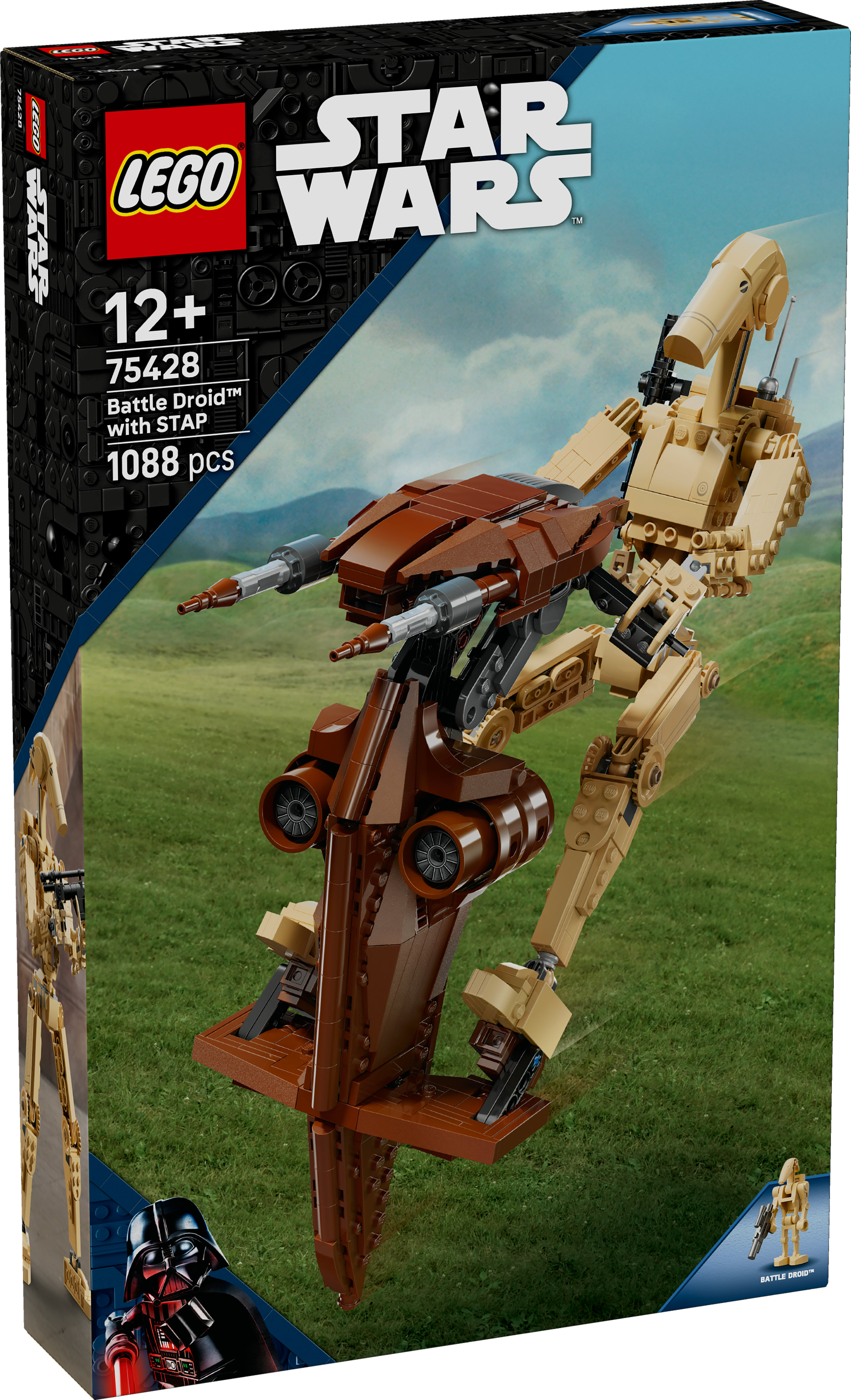 Pudełko Lego Star Wars. Przedstawia Battle Droid z STAP. Kolory: brązowy, beżowy i czarny. Tło: zielone pole.