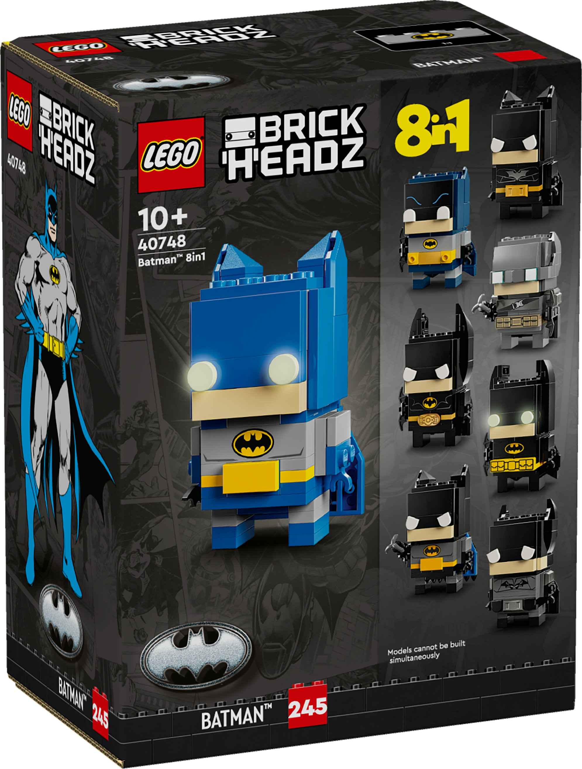 Scatola Lego BrickHeadz Batman 8in1. Presenta la figura Lego Batman, con altre varianti di Batman. Sfondo nero con il logo di Batman.
