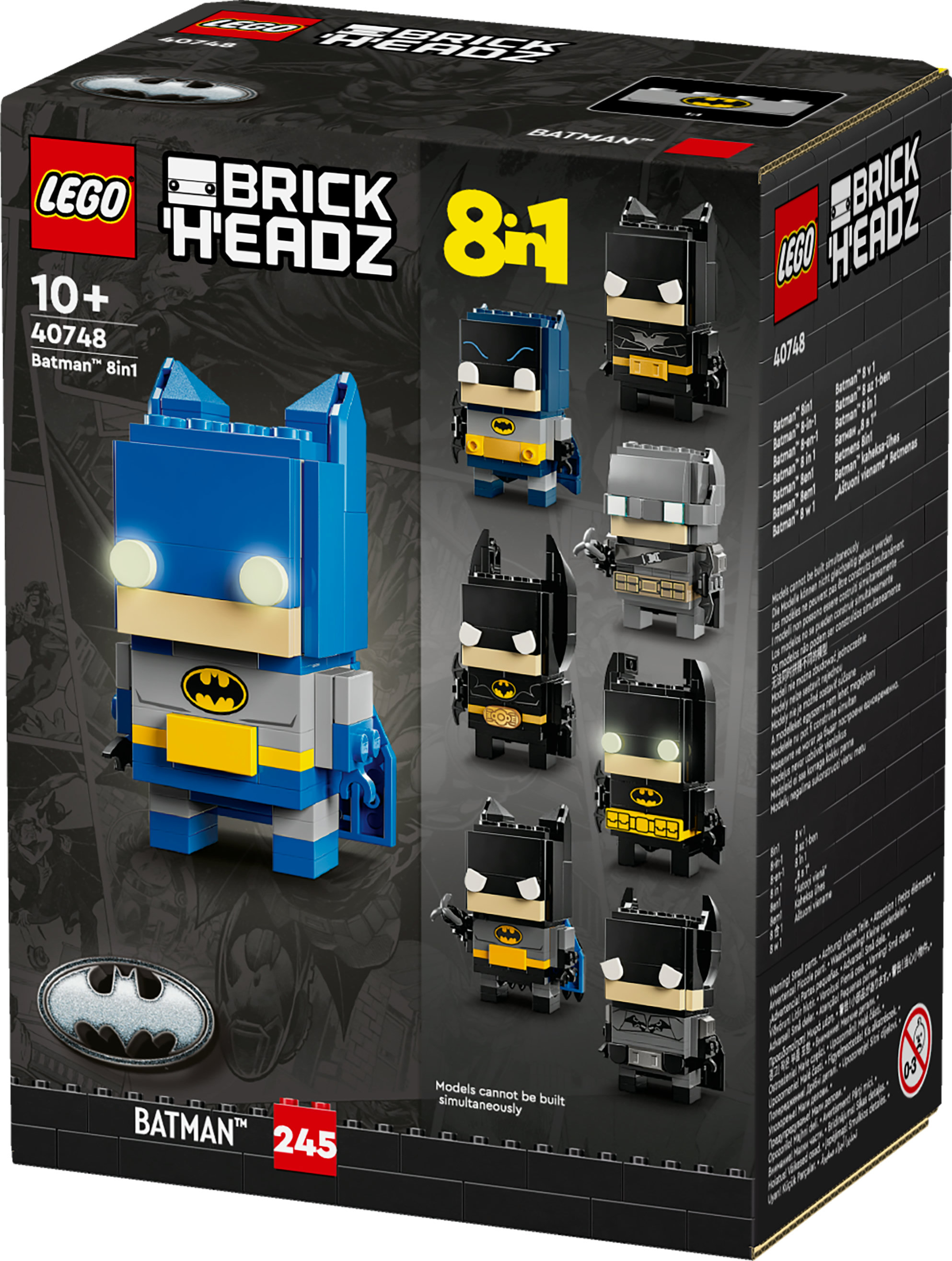 Scatola del set Lego BrickHeadz Batman. Presenta più personaggi di Batman, istruzioni e il logo Lego.