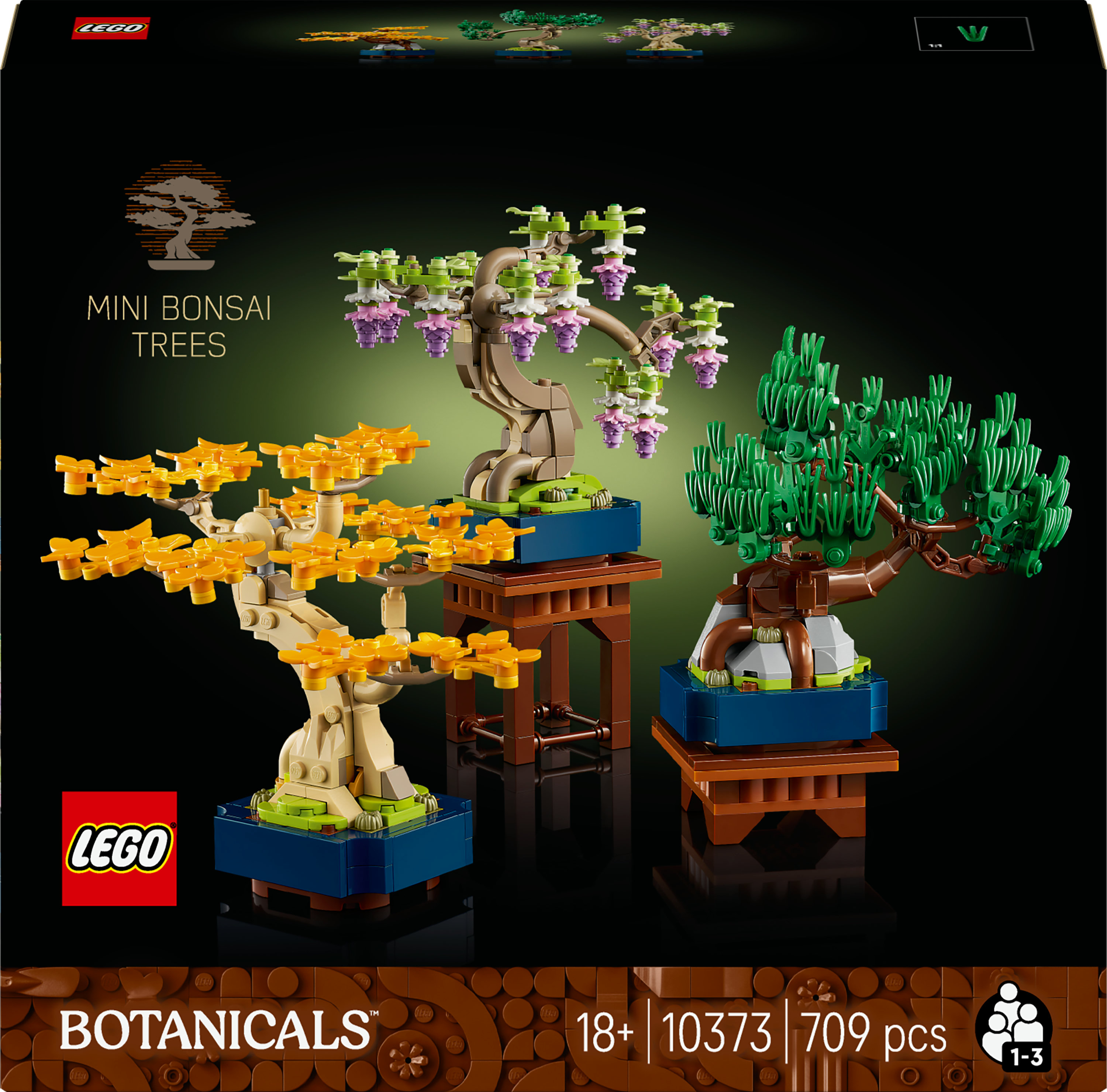 Dooskunst van Lego Bonsai Trees. Er worden drie bonsai-boommodellen weergegeven. De set bevat het Lego-logo en de Botanicals-branding.