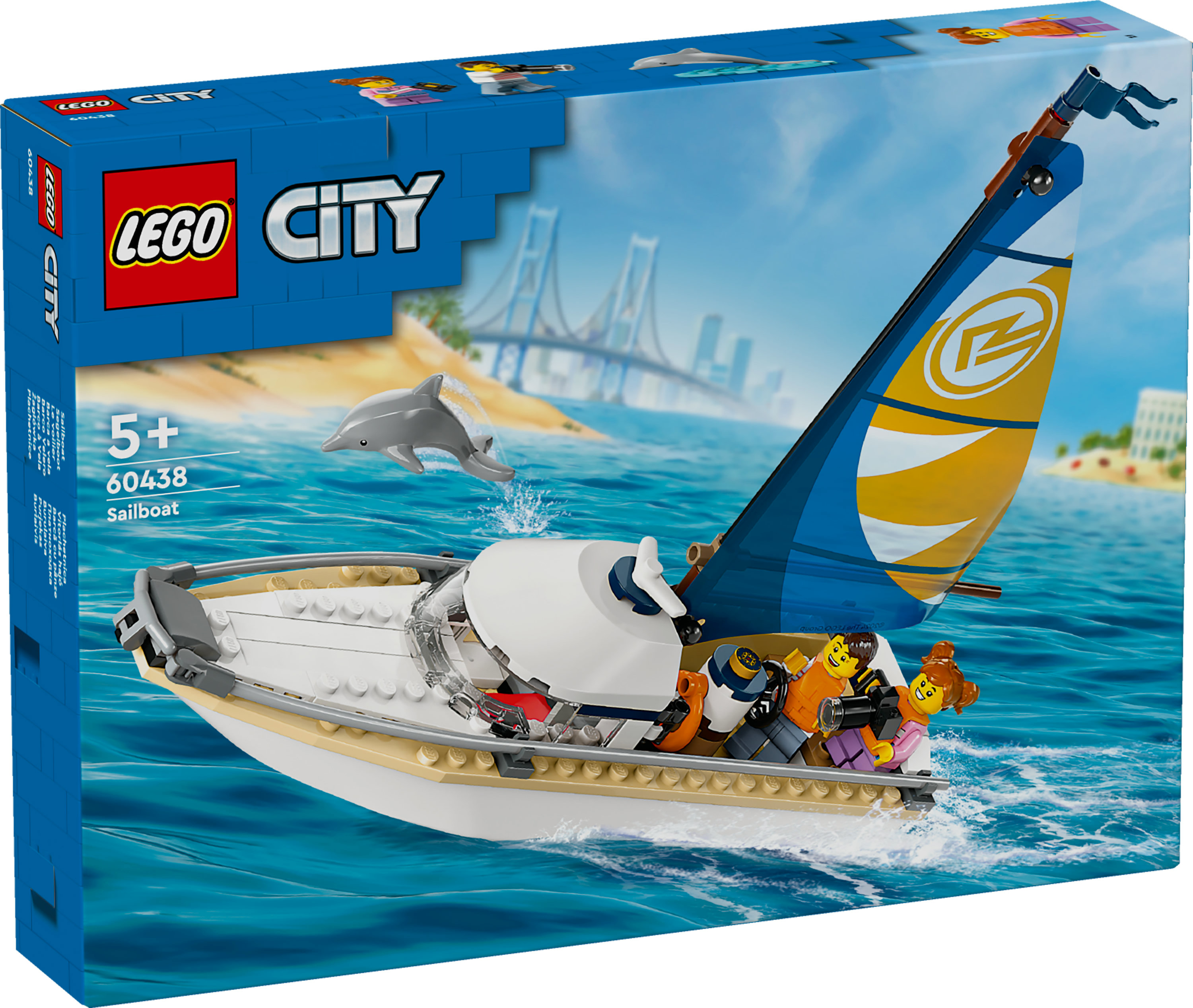 Lego City zeilbootdoos. De afbeelding toont een zeilboot met mensen, een dolfijn en een brug op de achtergrond.