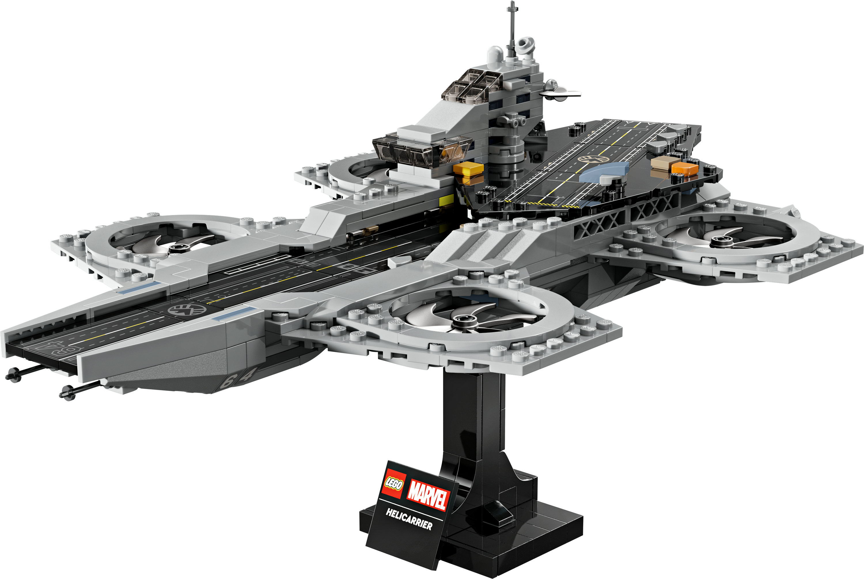 Set Lego Marvel Helicarrier. Portaerei grigia con eliche, pista e supporto nero.