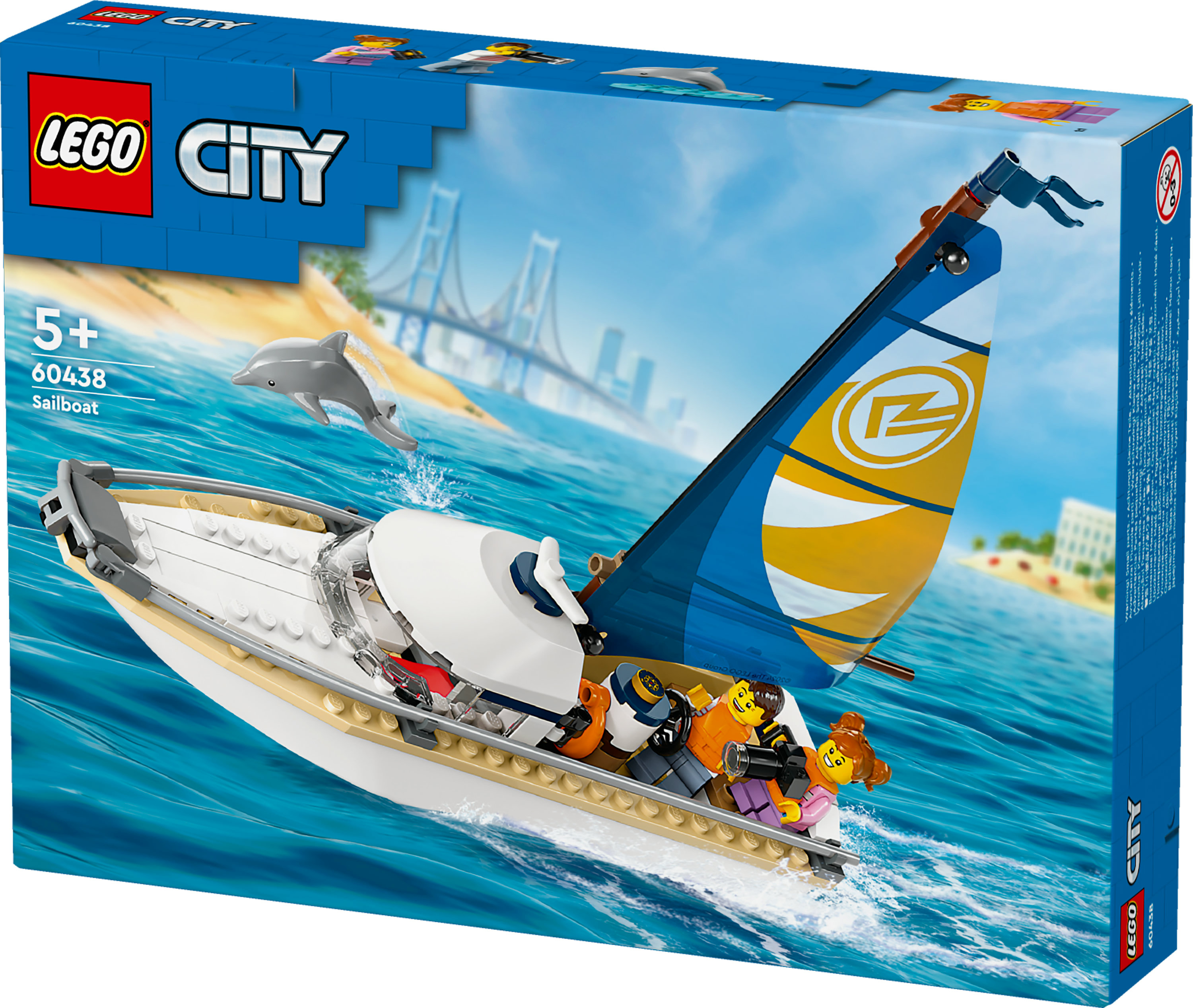 Een LEGO City zeilbootset met een dolfijn, mensen en een brug op de achtergrond.