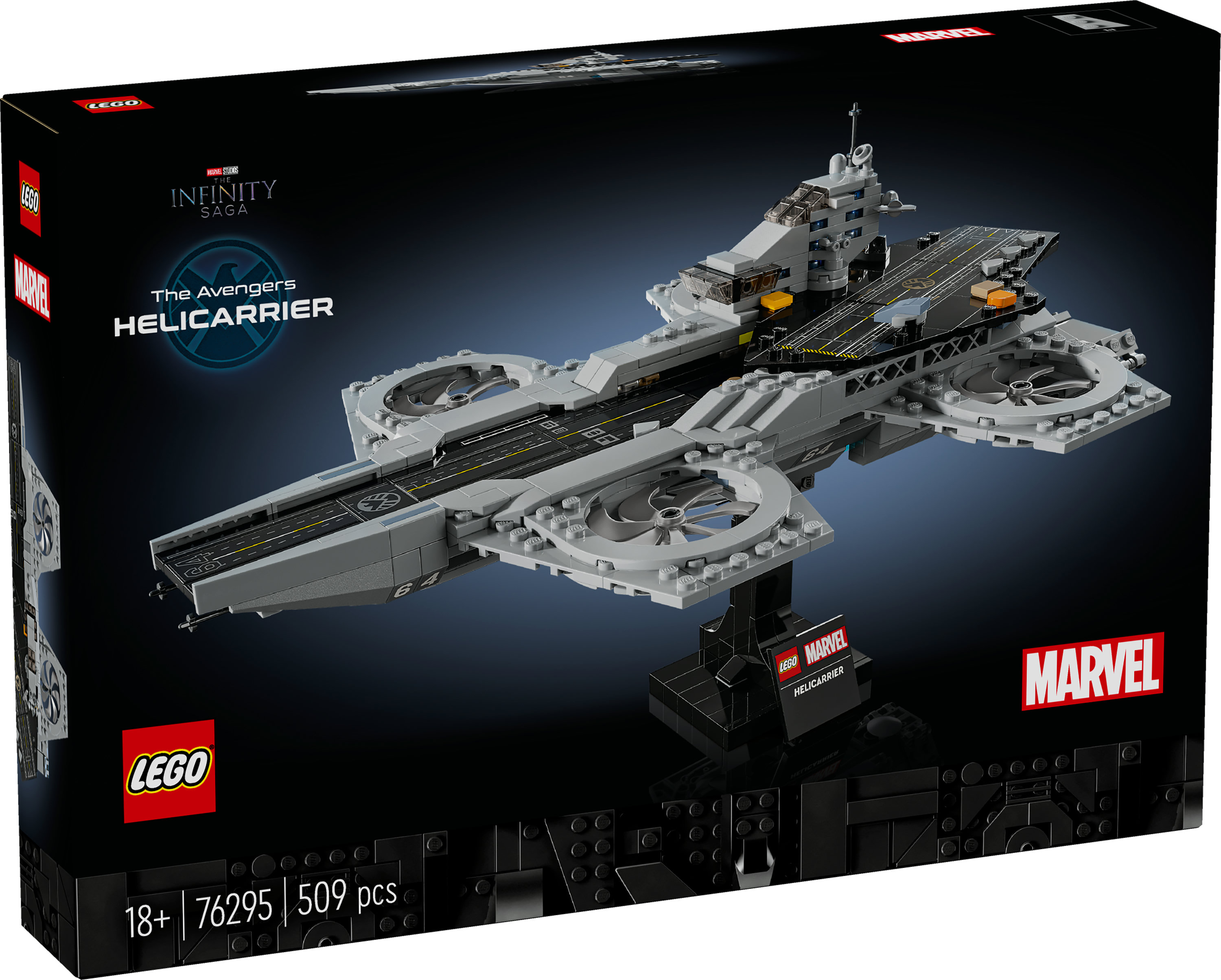 Scatola del set Lego. Mostra l'Helicarrier degli Avengers. La scatola è nera, con loghi come Lego e Marvel.