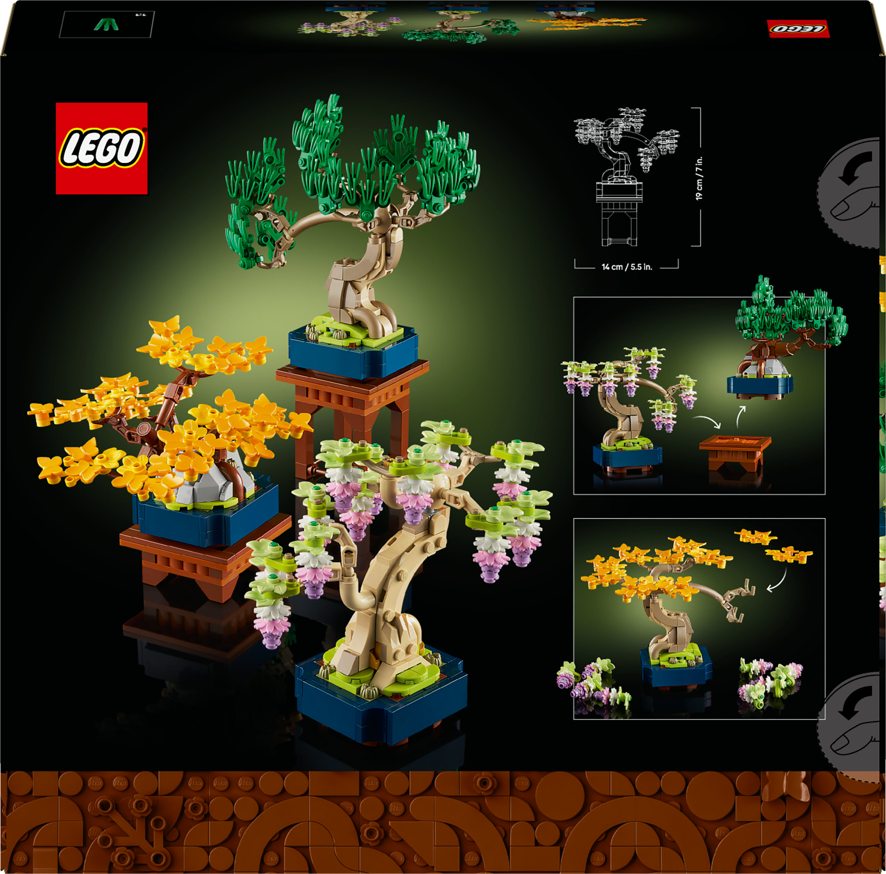 Doosontwerp voor een LEGO bonsai boom set, met het geassembleerde model in verschillende stadia, met bladeren in verschillende kleuren.