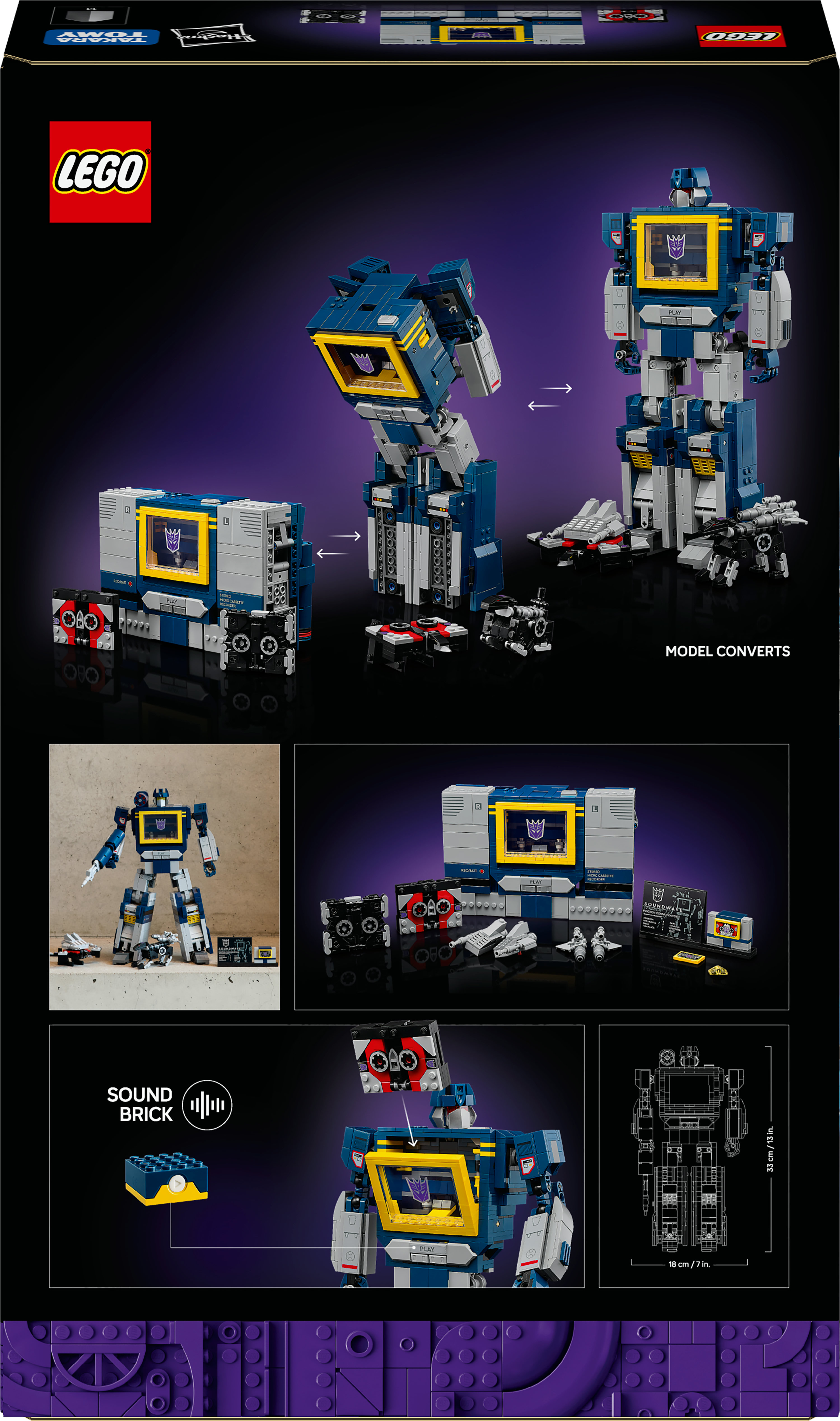 Zestaw LEGO Transformers Soundwave. Pokazuje robota w różnych formach, w tym odtwarzacza kaset i formy robota.