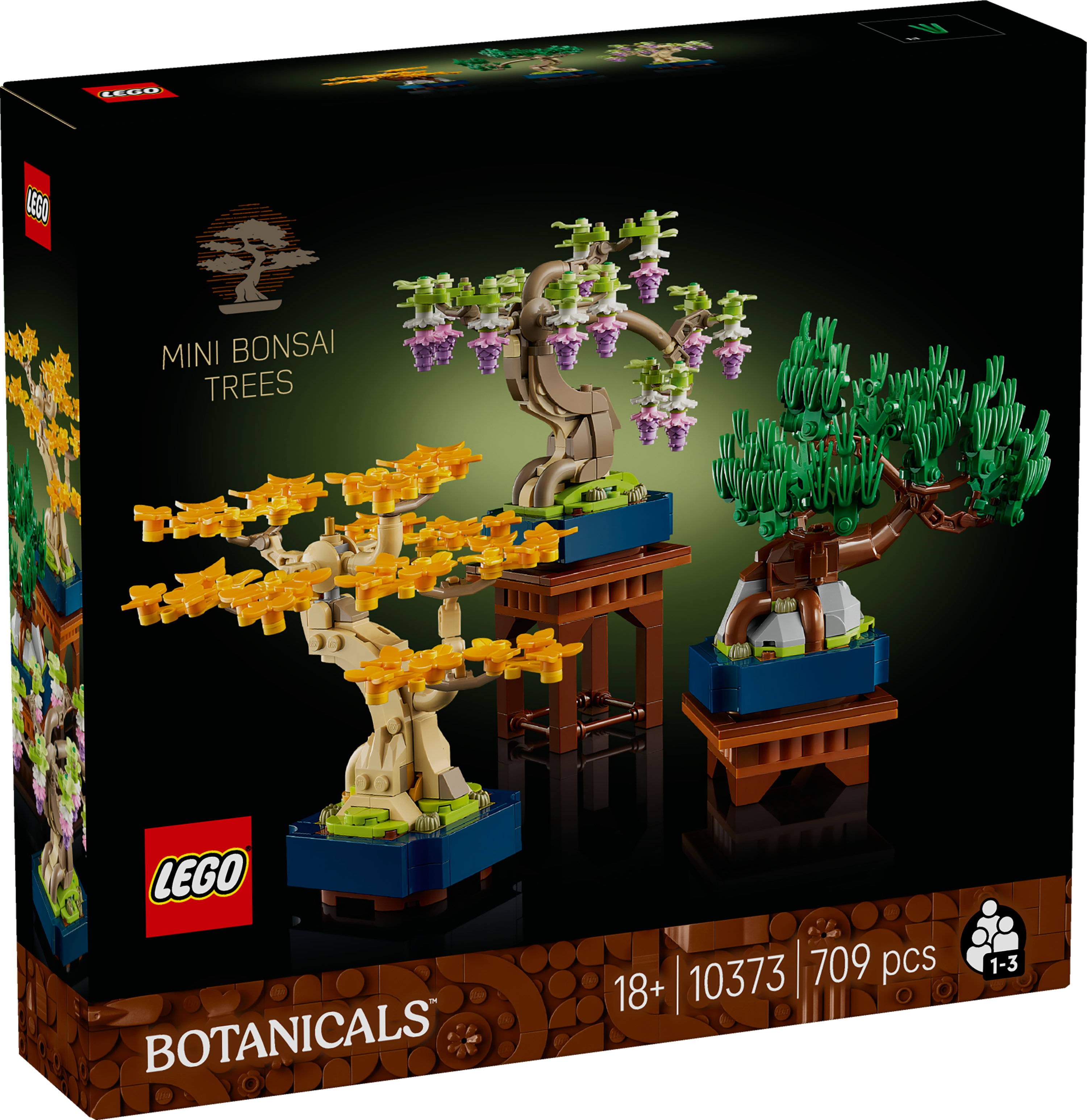 Lego set doos met drie mini bonsai bomen, geel, groen en paars. De doos leest 'Botanicals' en '18+'.