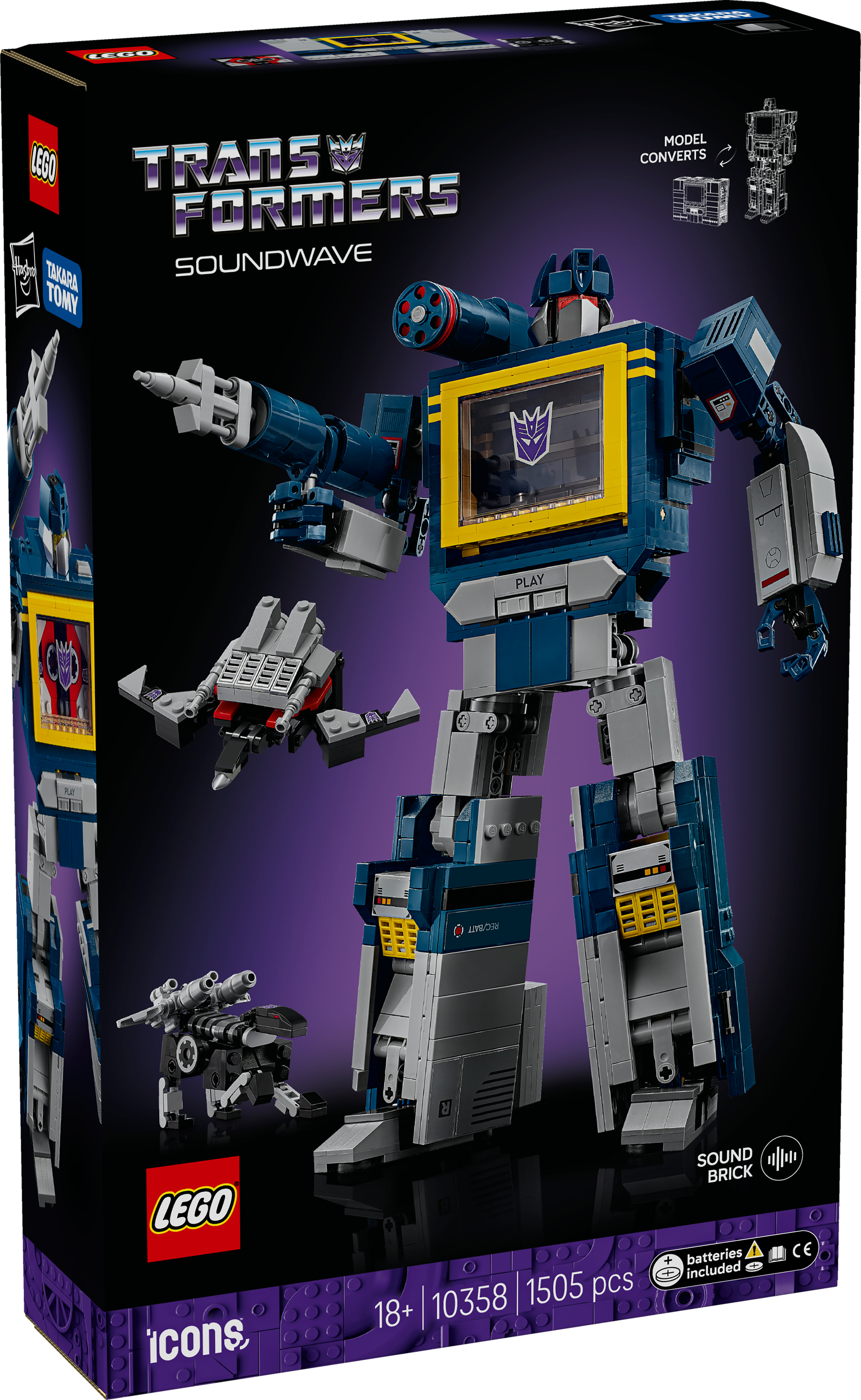 Zestaw Lego Transformers Soundwave. Niebieski i szary robot z figurkami kaset i fioletowym tłem. Pudełko jest czarne.