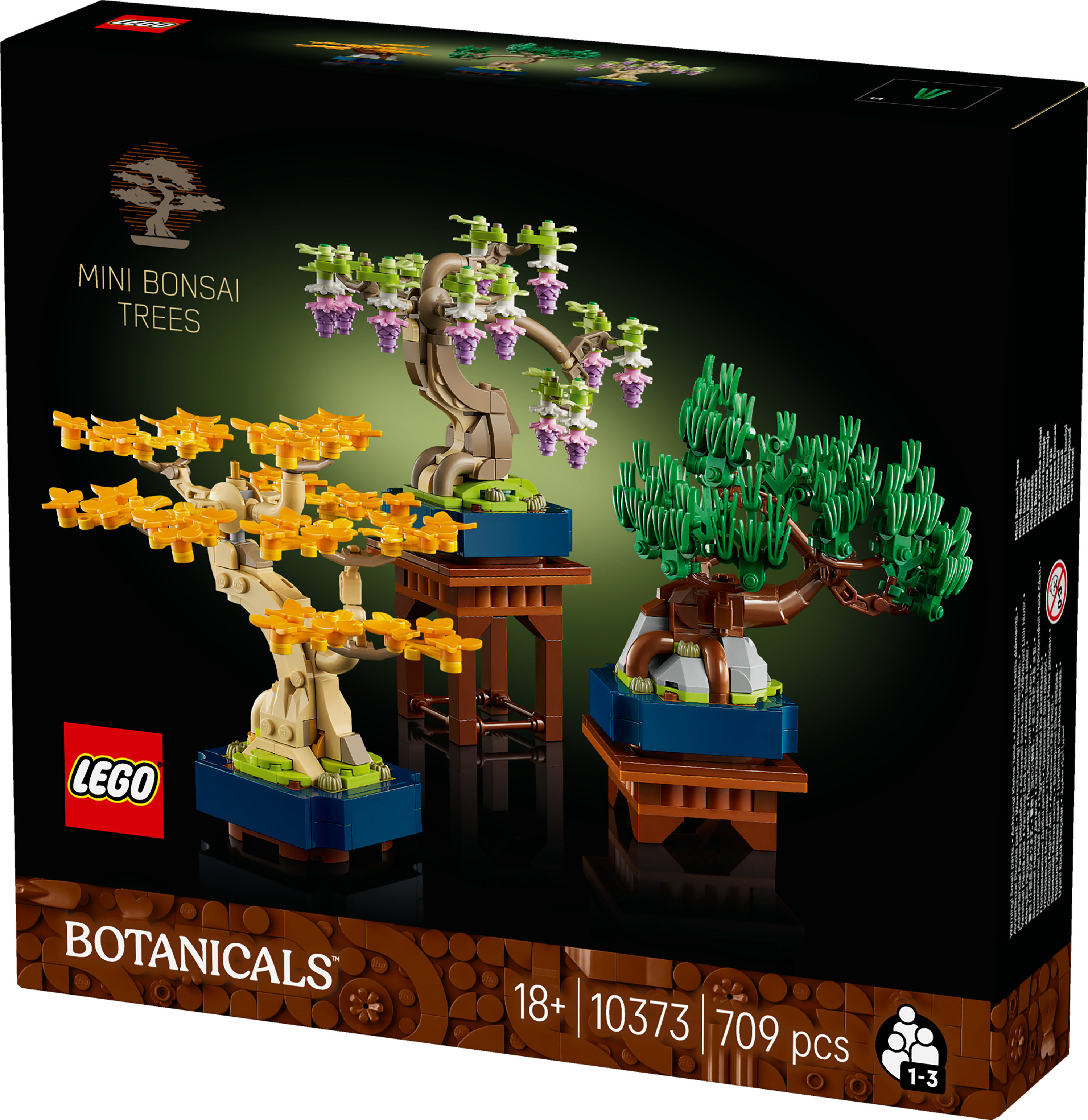 Dooskunst voor een Lego-set. Het toont drie miniatuur bonsai bomen, met het logo en details op de voorkant.