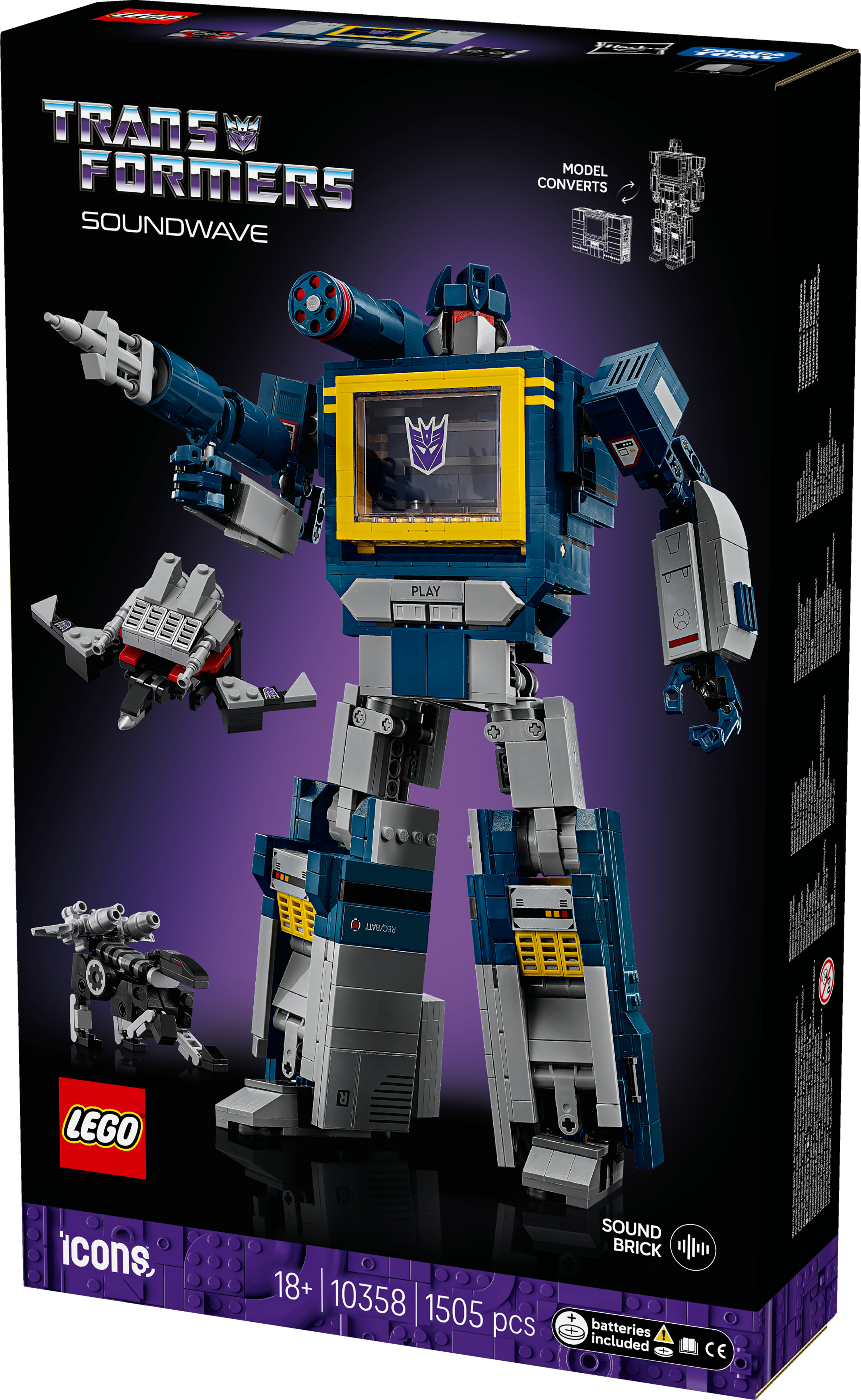 Pudełko modelu Lego Transformers Soundwave. Robot jest niebieski, szary i żółty. Ma klatkę piersiową odtwarzacza kaset.