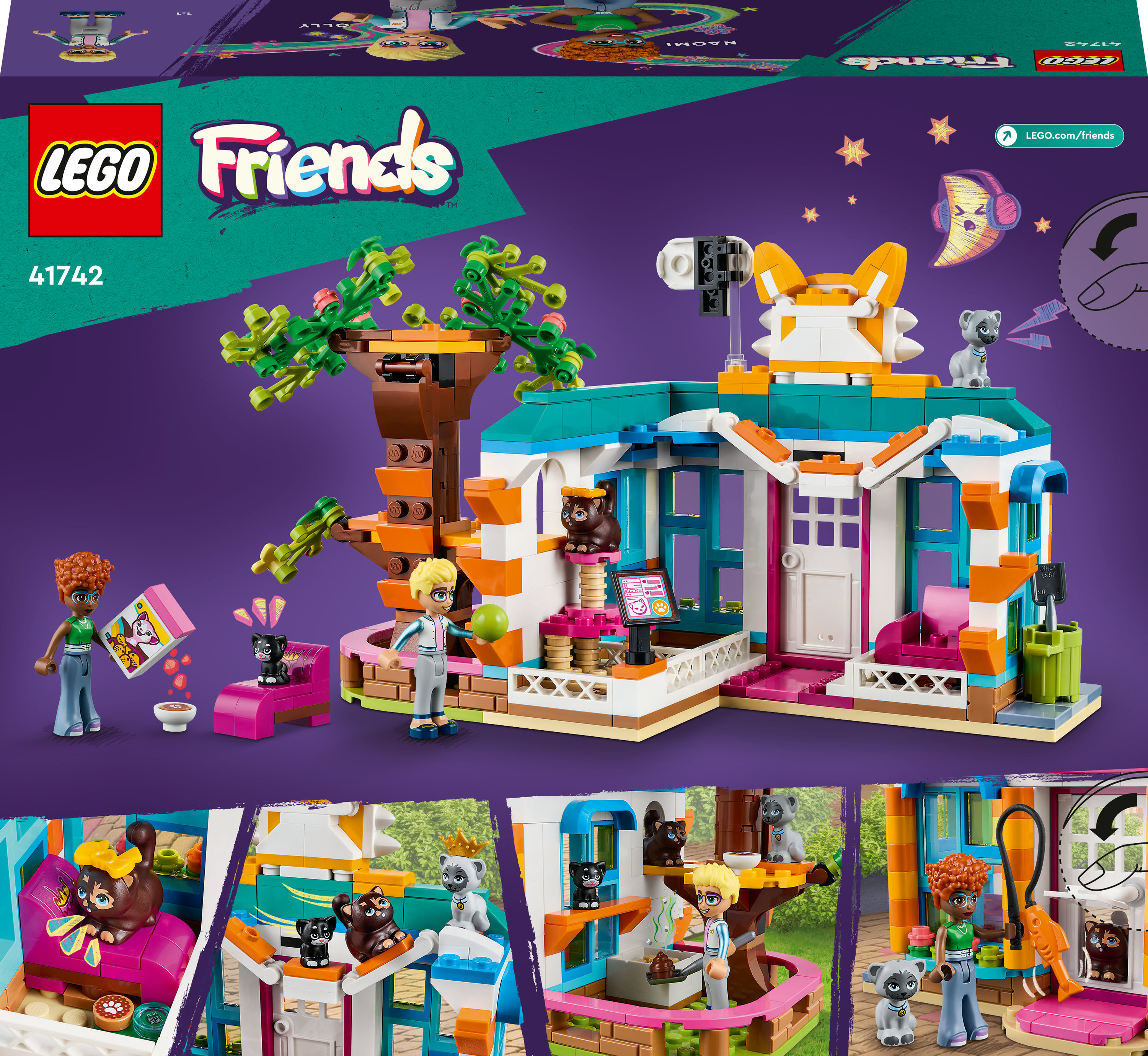 Zestaw LEGO Friends z wielopiętrowym budynkiem i domkiem na drzewie, z minifigurkami i figurkami zwierząt, z fioletowym tłem.