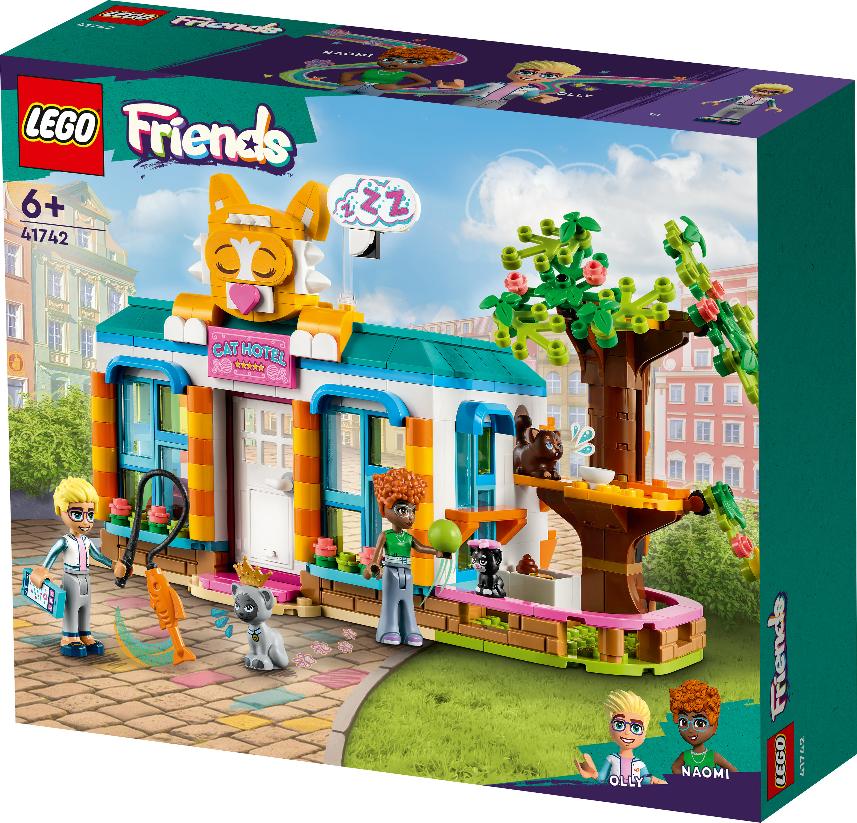 Pudełko Lego Friends Cat Hotel. Pokazuje budynek hotelu dla kotów, postacie, drzewo i małe koty w żywym otoczeniu.
