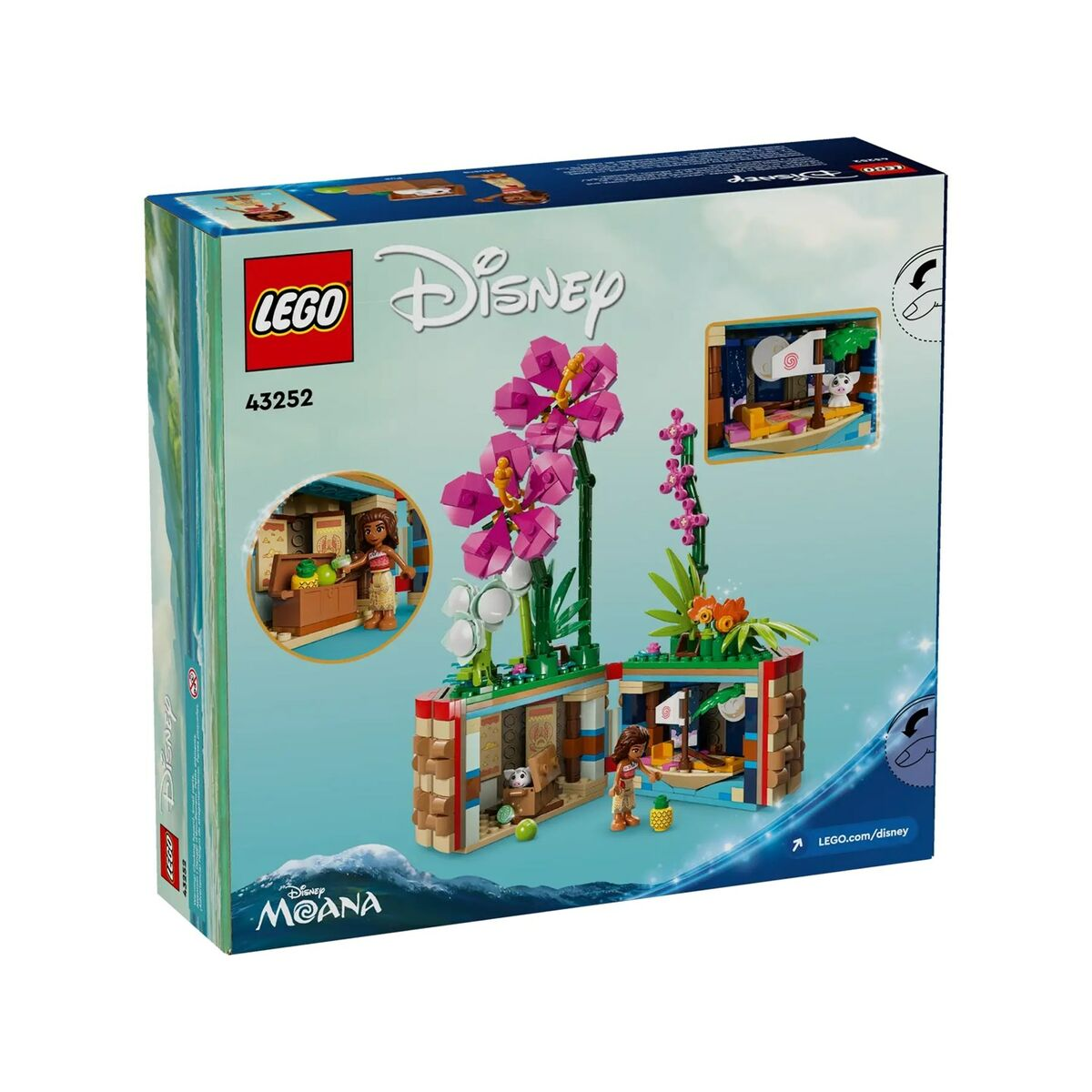 Scatola Lego Disney Moana. Fiori Lego rosa, personaggi Lego Moana e una scena in barca. I colori blu, verde e marrone dominano il design della scatola.