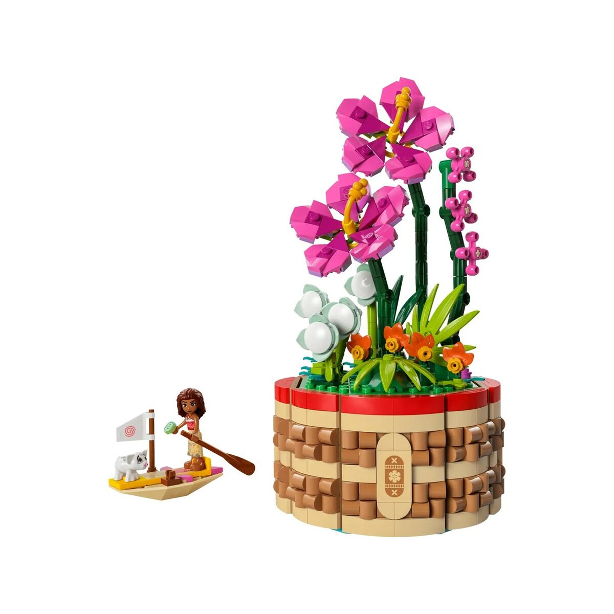 Set Lego con una grande composizione floreale rosa e una piccola barca con un personaggio.