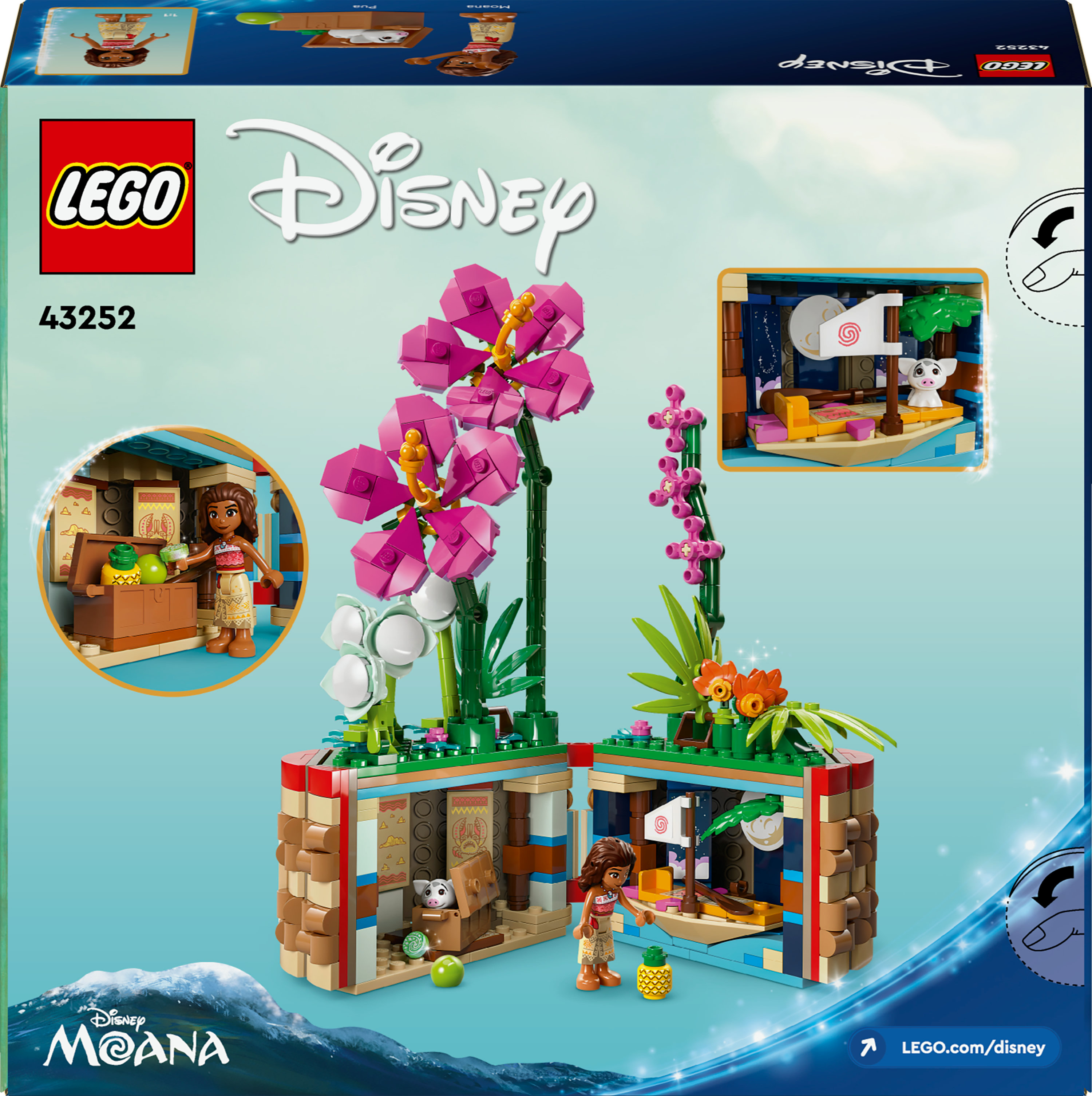 Set LEGO Disney Moana. Include personaggi, fiori rosa e una barca. La scatola presenta i loghi Lego e Disney.