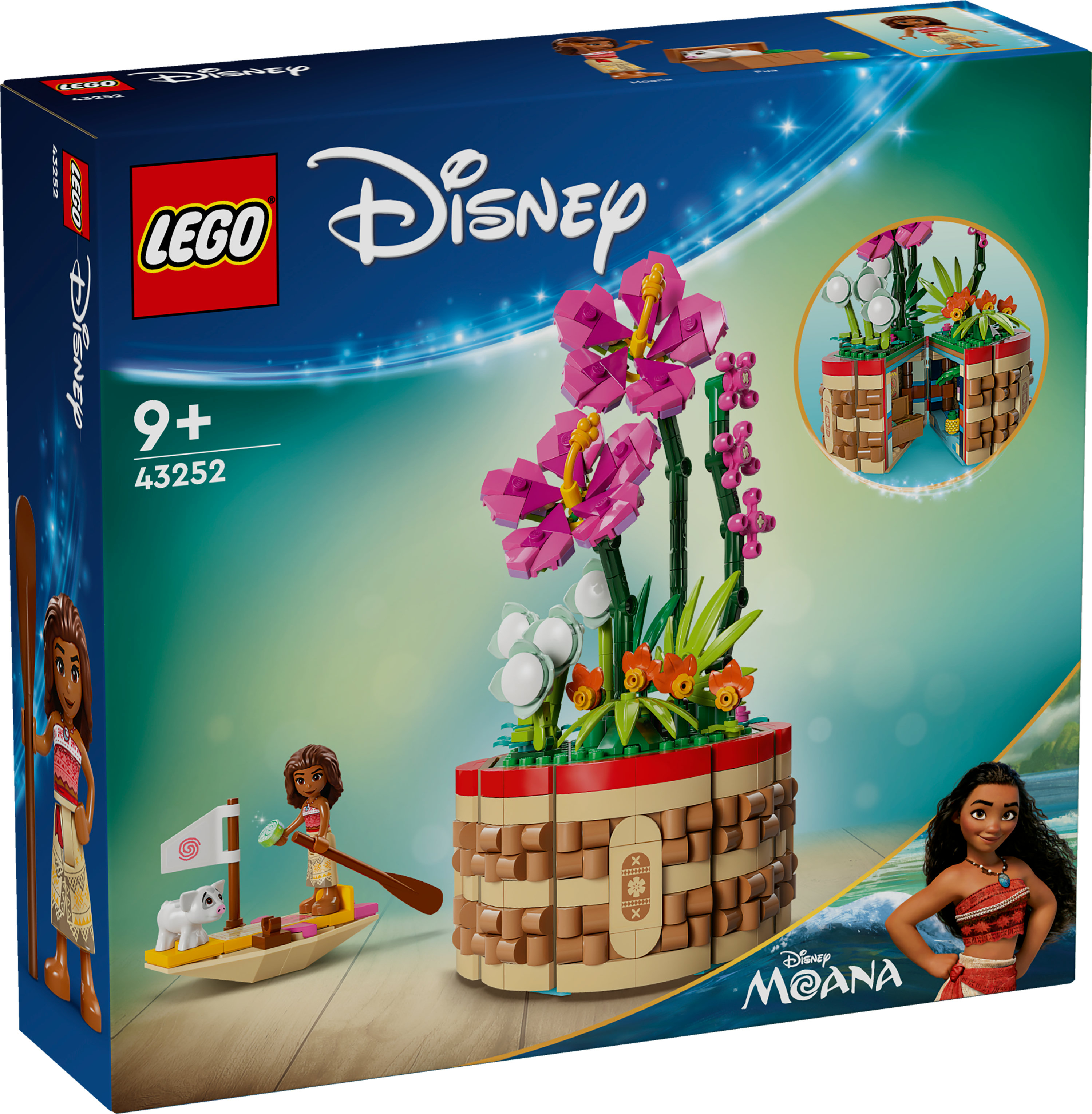 Set LEGO Disney Moana. Presenta un'esposizione floreale e Moana in barca con un maiale. La scatola è blu col logo LEGO.