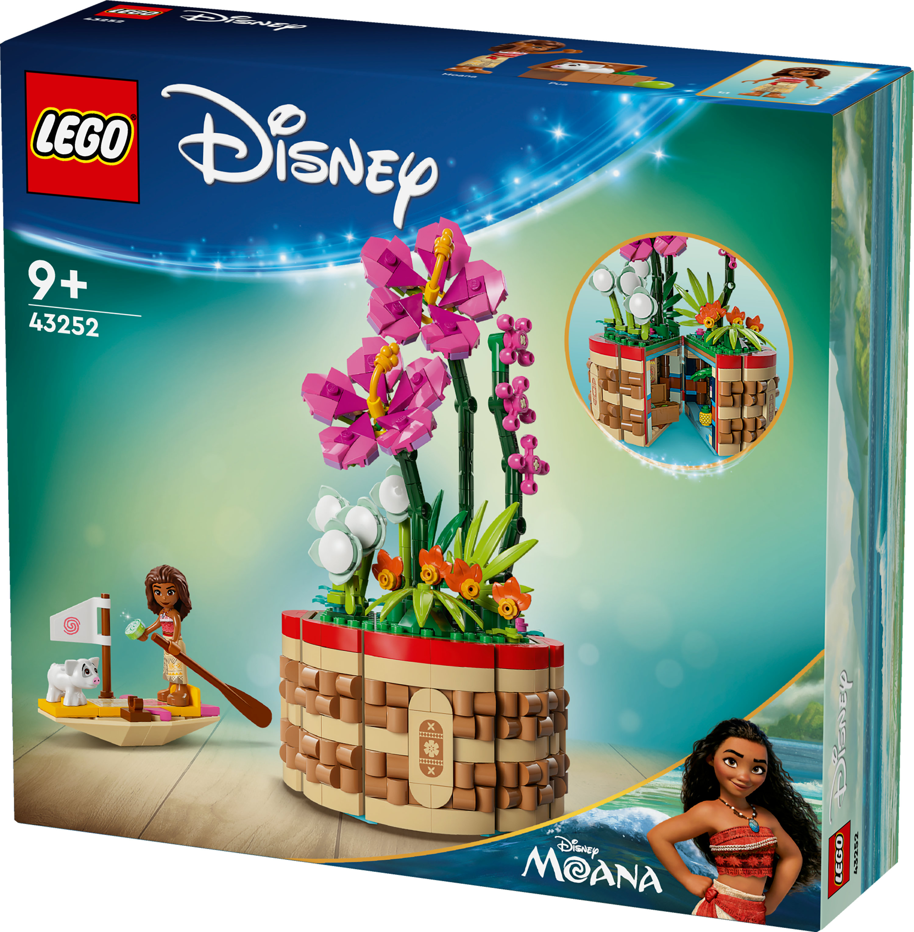 Scatola del set LEGO Disney Moana. Presenta Moana, fiori e una barca. Contiene i loghi LEGO e Disney.
