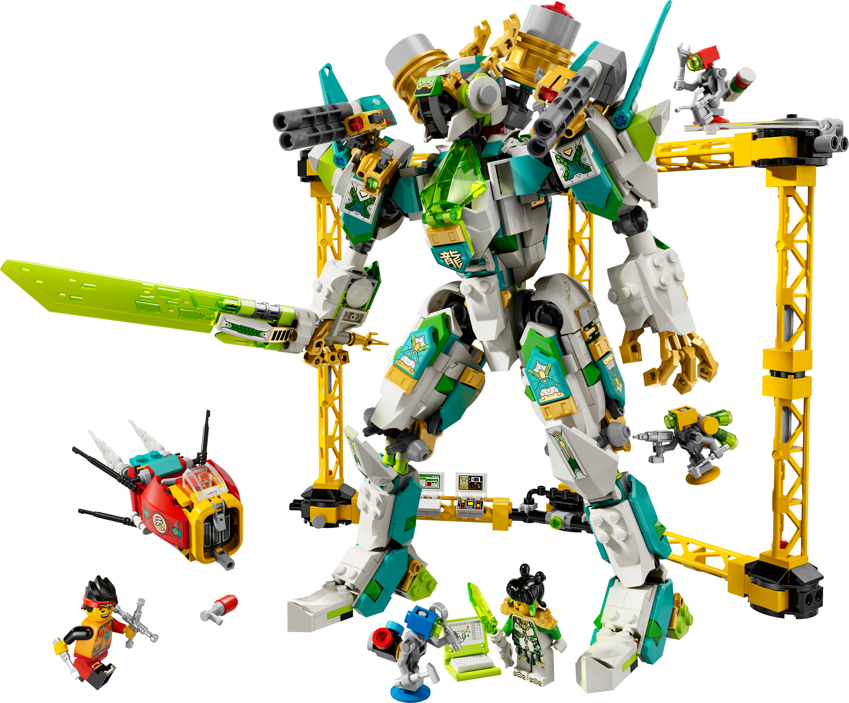 Yeşil, beyaz ve altın detaylara sahip büyük bir Lego meki, beyaz zemin üzerine Lego figürleri ve araçlarıyla çevrilidir.