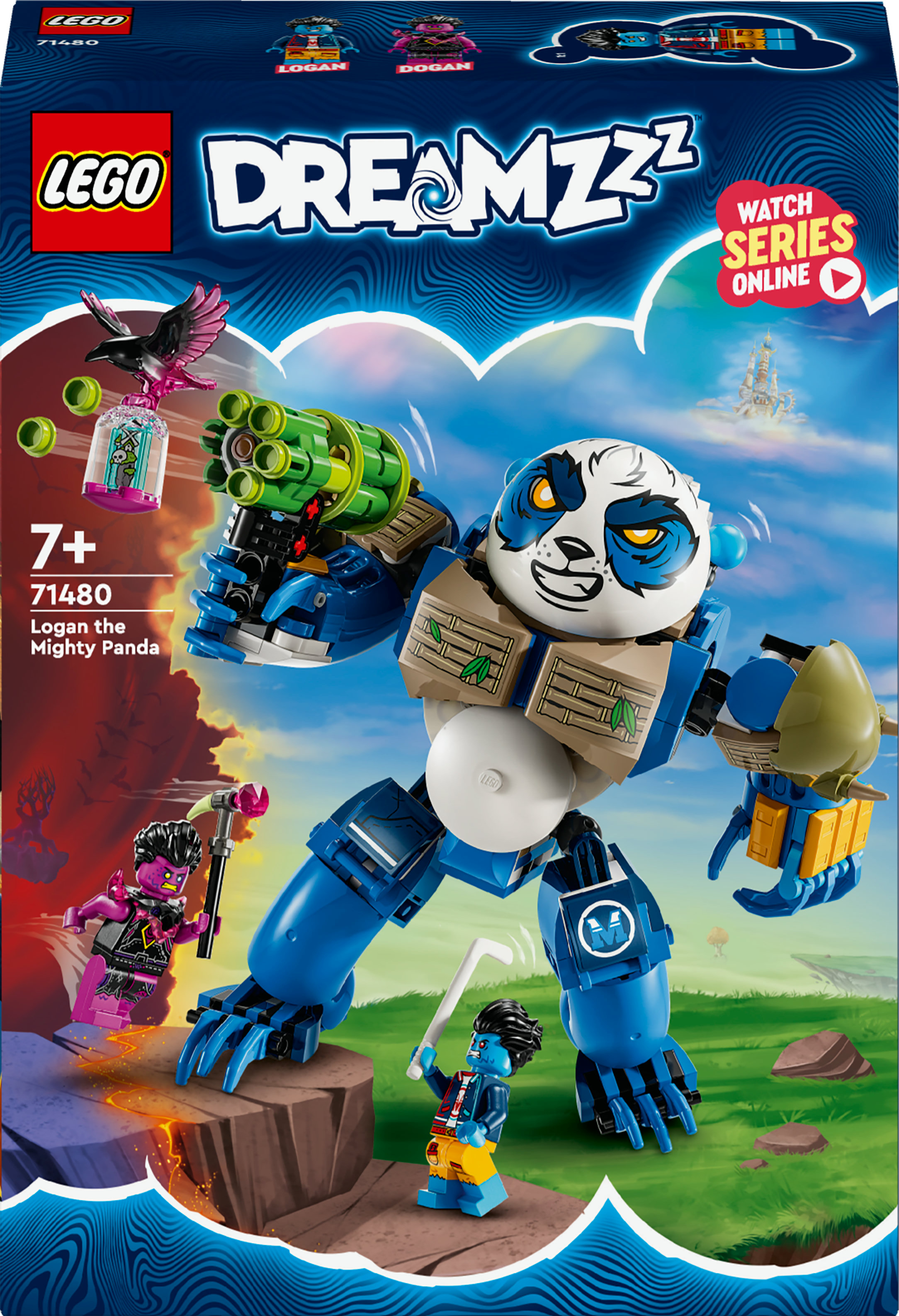 Une boîte Lego montre Logan le Panda Puissant, une figurine bleue ressemblant à un mécha avec un visage de panda, avec des figurines et un oiseau.