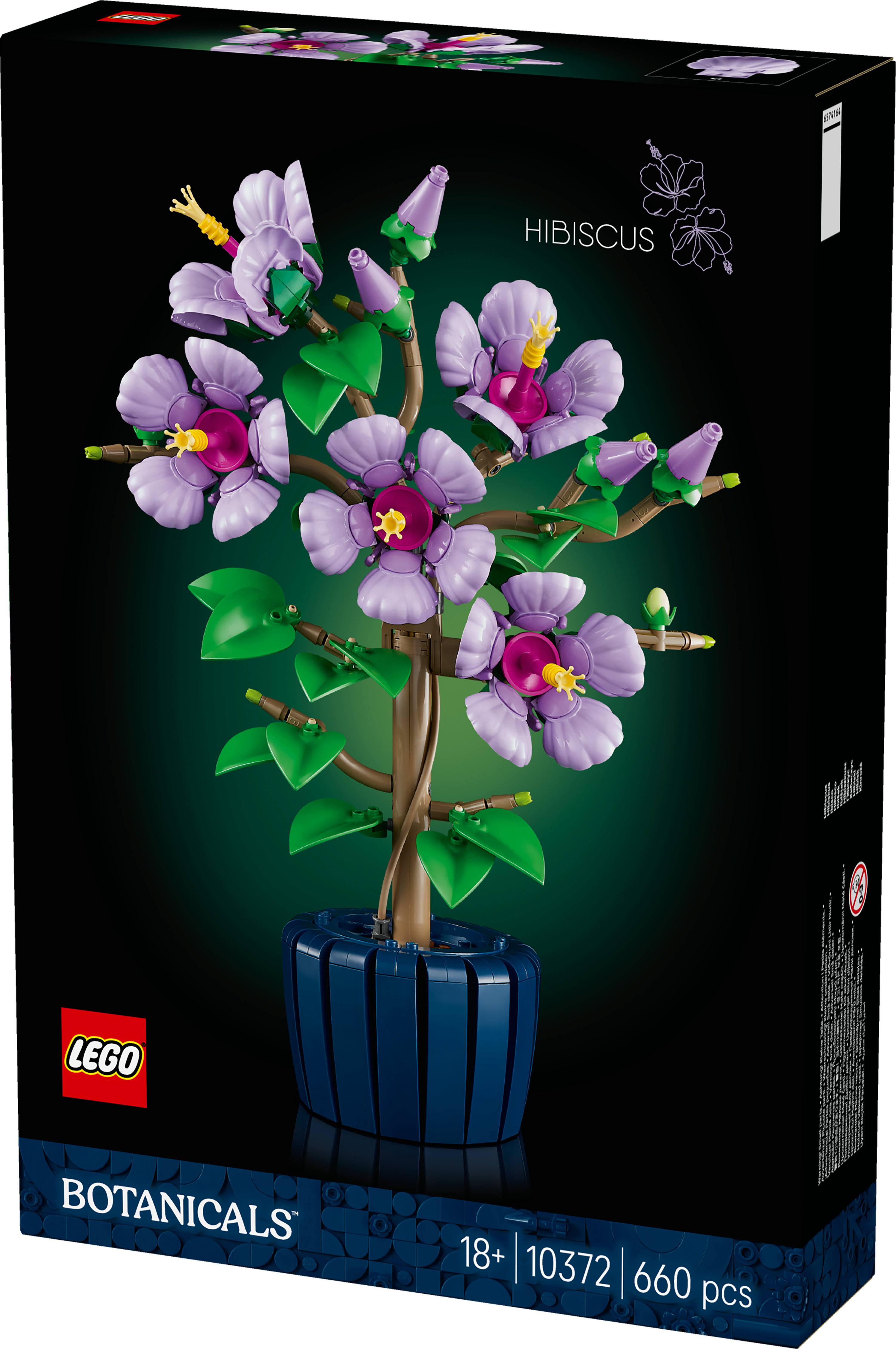LEGO Hibiskus bitkisi içeren kutu. Mor çiçekler, yeşil yapraklar ve mavi bir saksı görülüyor.