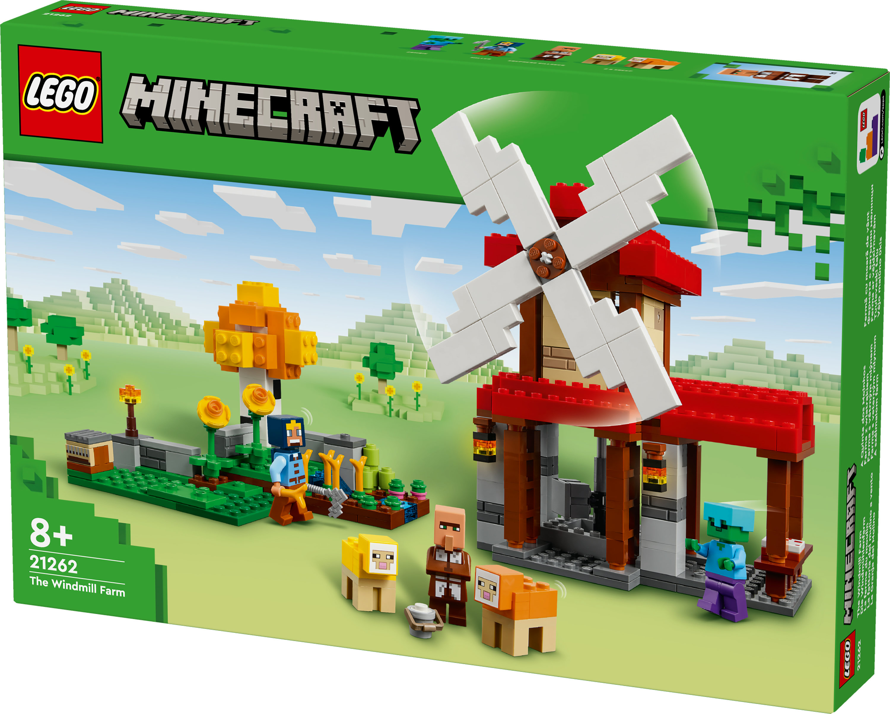 Zestaw Lego Minecraft: farma wiatraków. Zawiera wiatrak, postacie, zwierzęta i krajobraz.