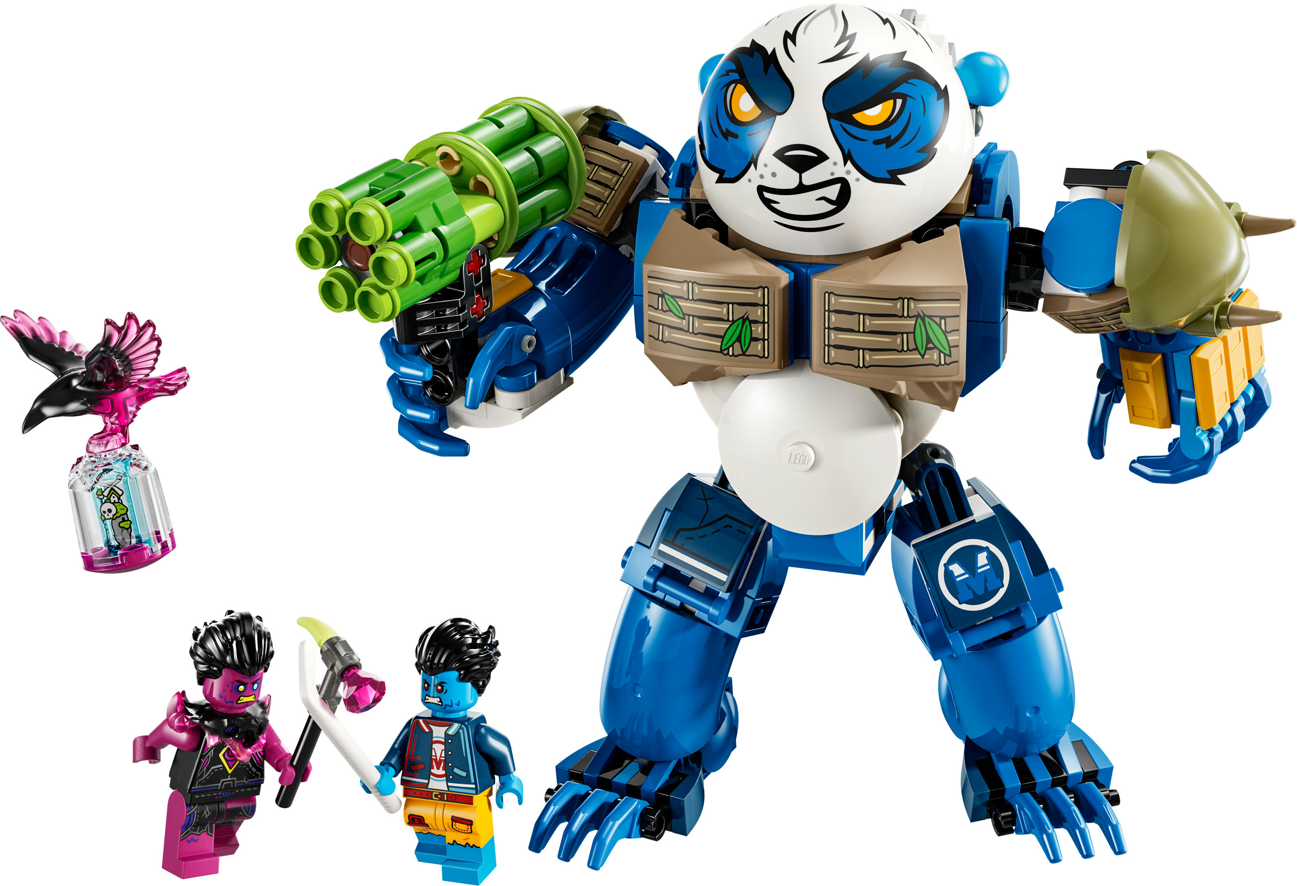 Un ensemble Lego avec un robot panda avec un pistolet vert, de petites figurines et un oiseau en cage.