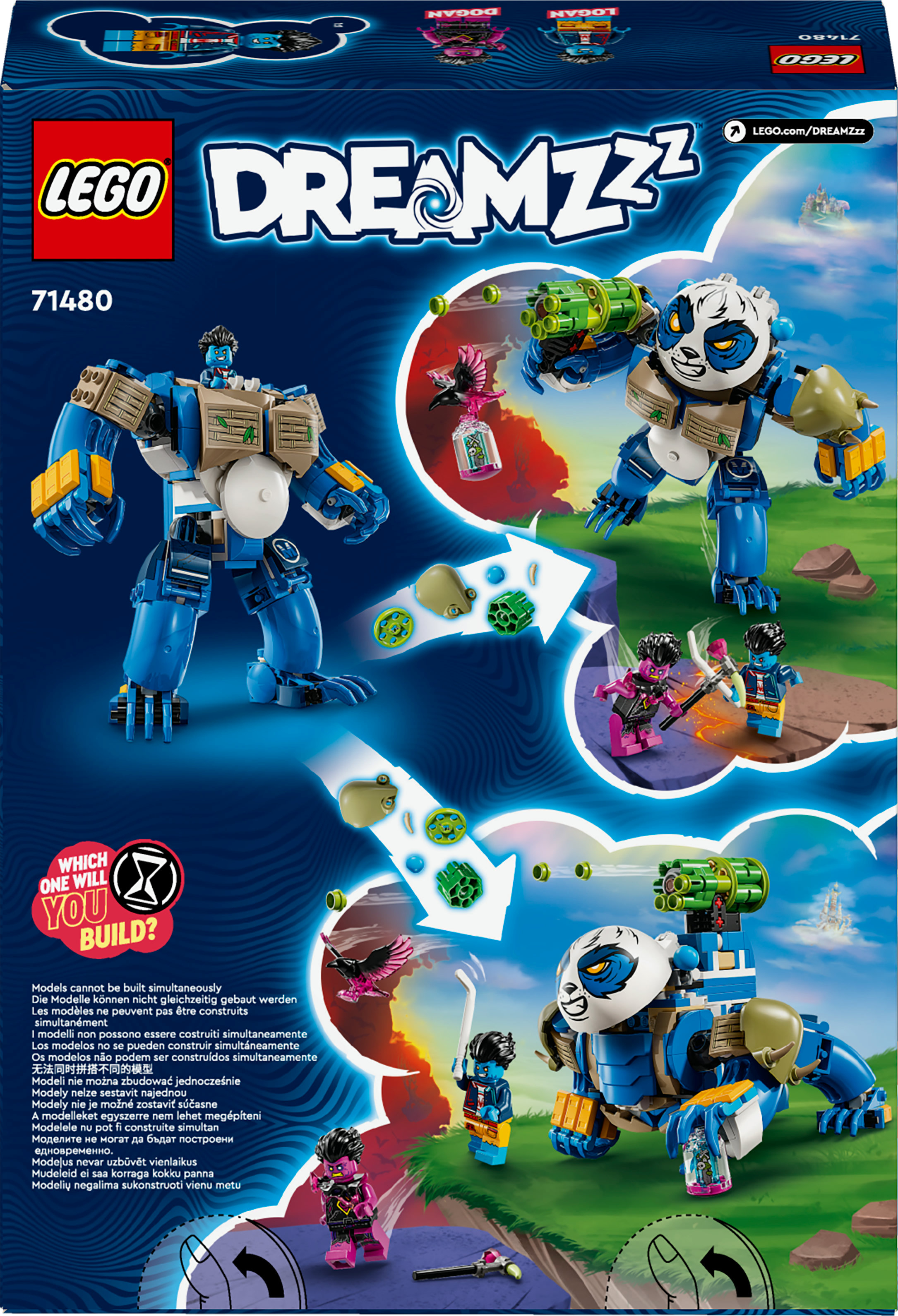L'illustration de la boîte Lego présente des figurines de robots bleus, des robots à tête de panda et des figurines sur fond bleu.