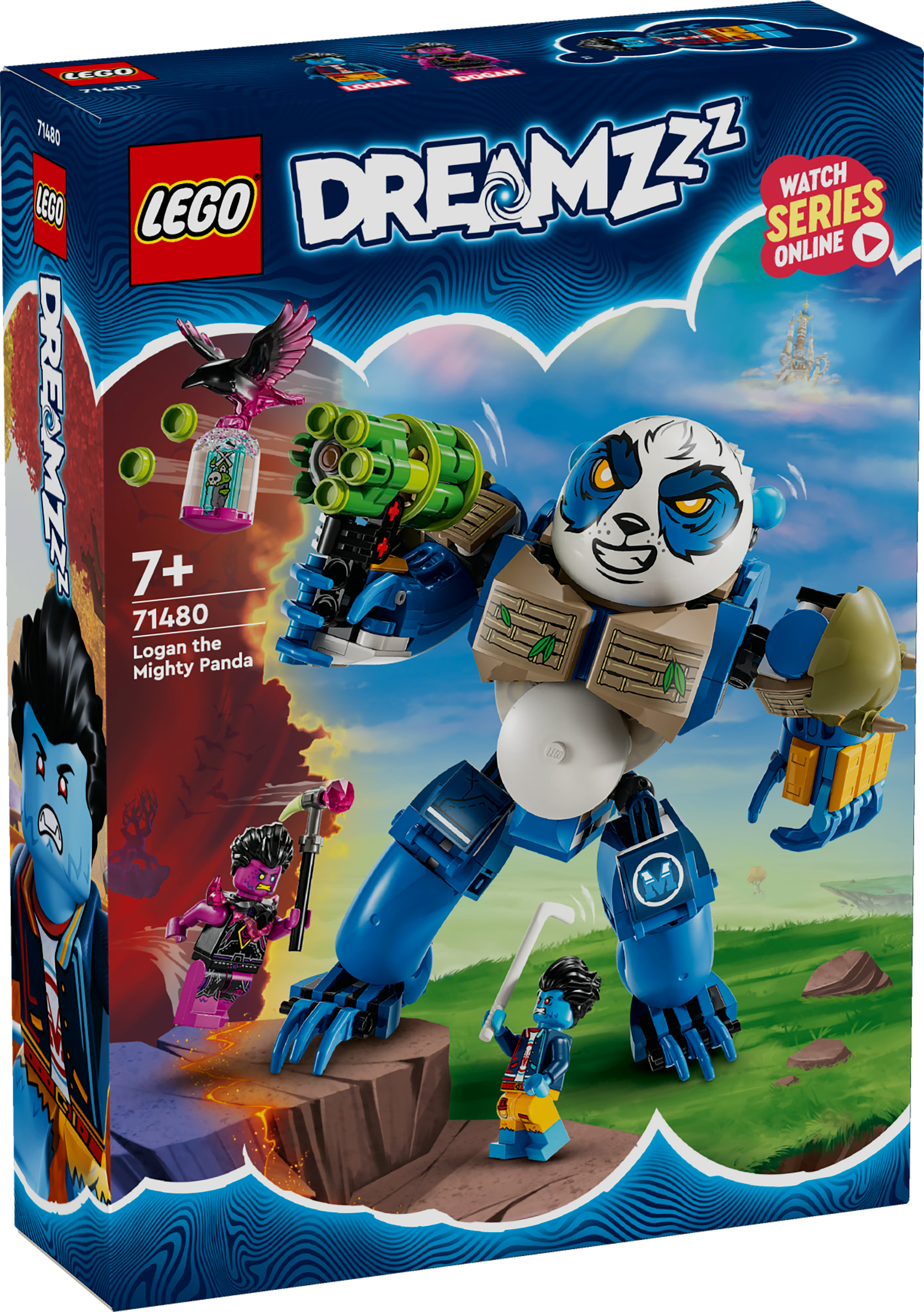 Boîte LEGO Dreamzzz. Robot panda, deux figurines et une créature volante semblable à un oiseau.